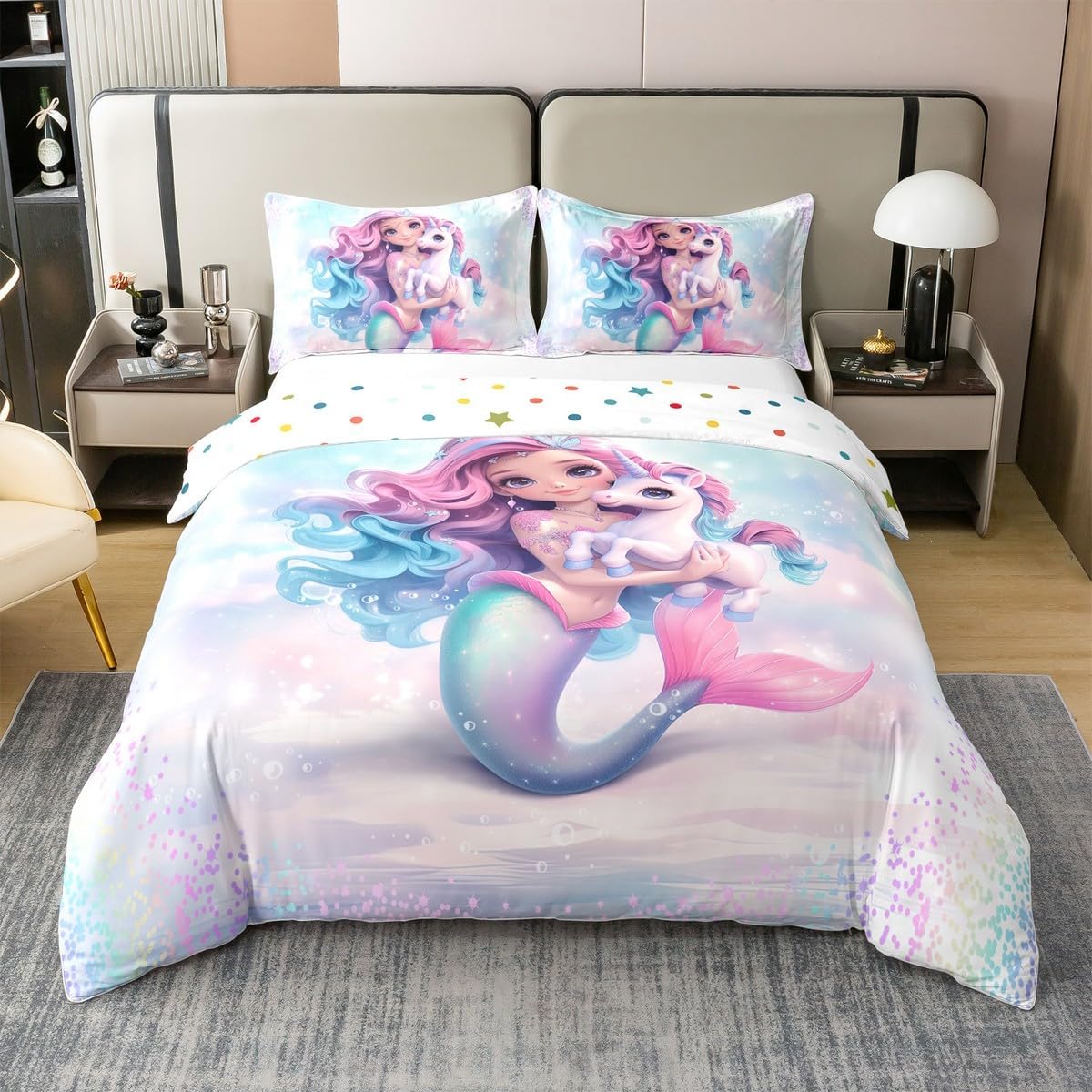 jejeloiu Mermaid Cotton Duvet Cover Set Kids Twin Size Princess Mermaid Scale Bedding Set Unicorn Comforter Cover Set Room Decor Bedspread Cover,No Stuffing
