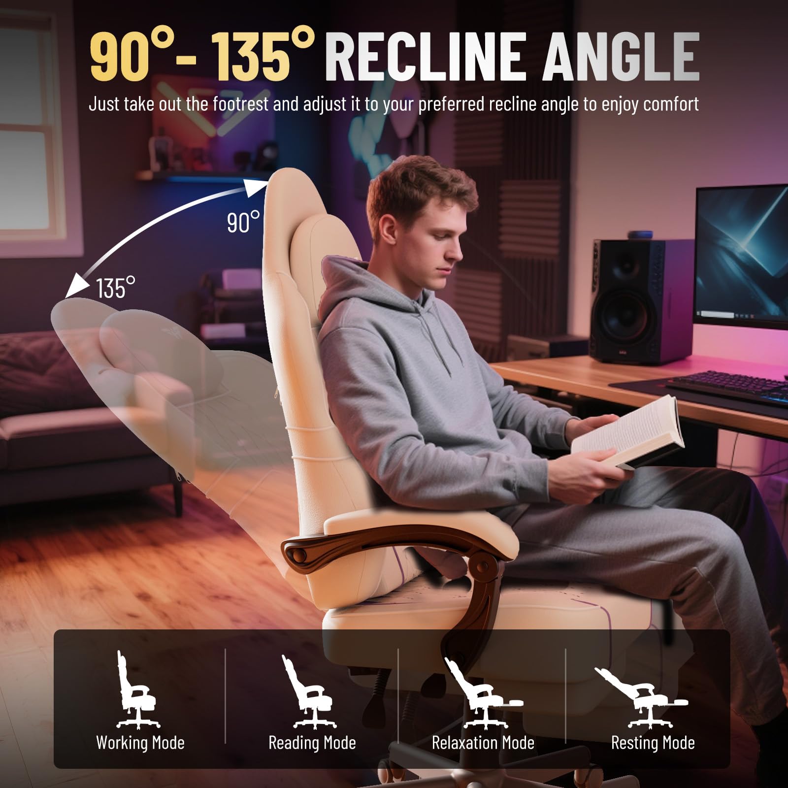 Huracan Chaise Gaming, Fauteuil Gamer avec Massage, Gaming Chair Ergonomique pour PU, Siège de Bureau Gaming réglable et pivotante à 360°, Chaise Gamer avec Repose-Pieds, Beige