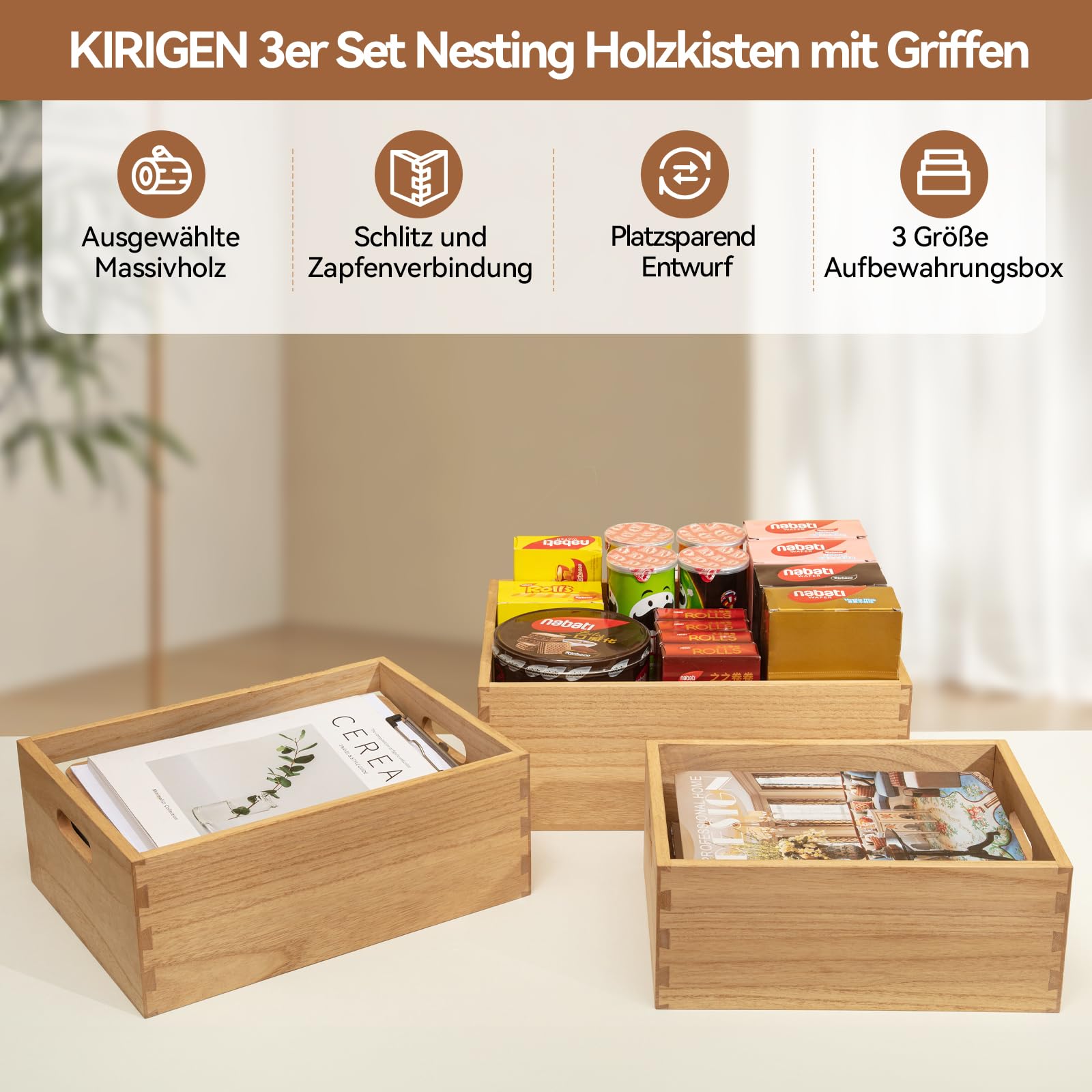 KIRIGEN Aufbewahrungsbox Holz, 3er-Holzkisten-Set mit Griffen, Natur | Ineinander verstaubar, handgefertigt, fertig montiert, Zapfenverbindungen, Pflanzenöl-Oberfläche, für trockene Innenräume