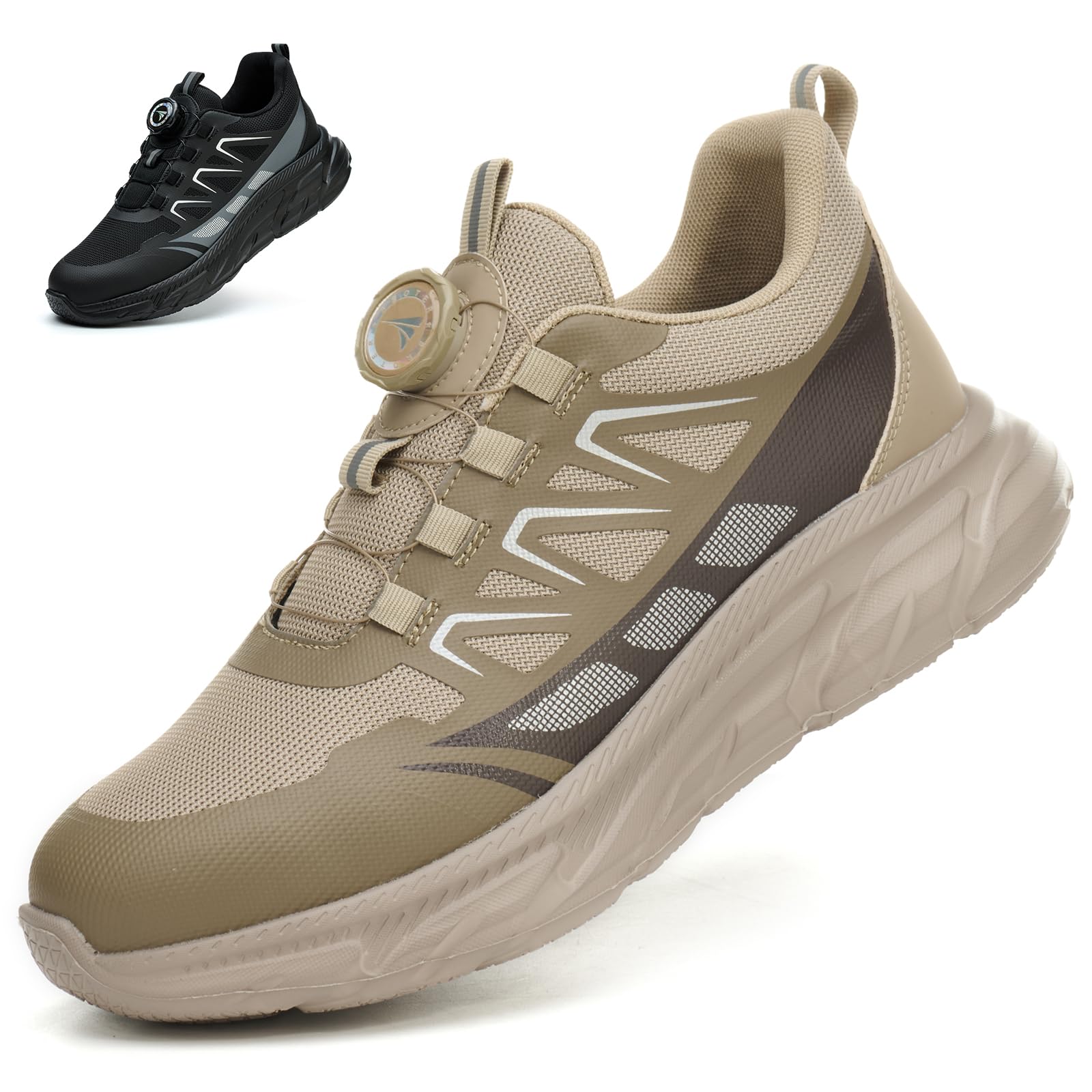 RASEARY Sicherheitsschuhe Arbeitsschuhe Herren Damen Bequem Stahlkappenschuhe Leicht Atmungsaktiv Industrielle Arbeitsschuhe mit Drehschnallen Schnürsenkeln,Khaki EU 37