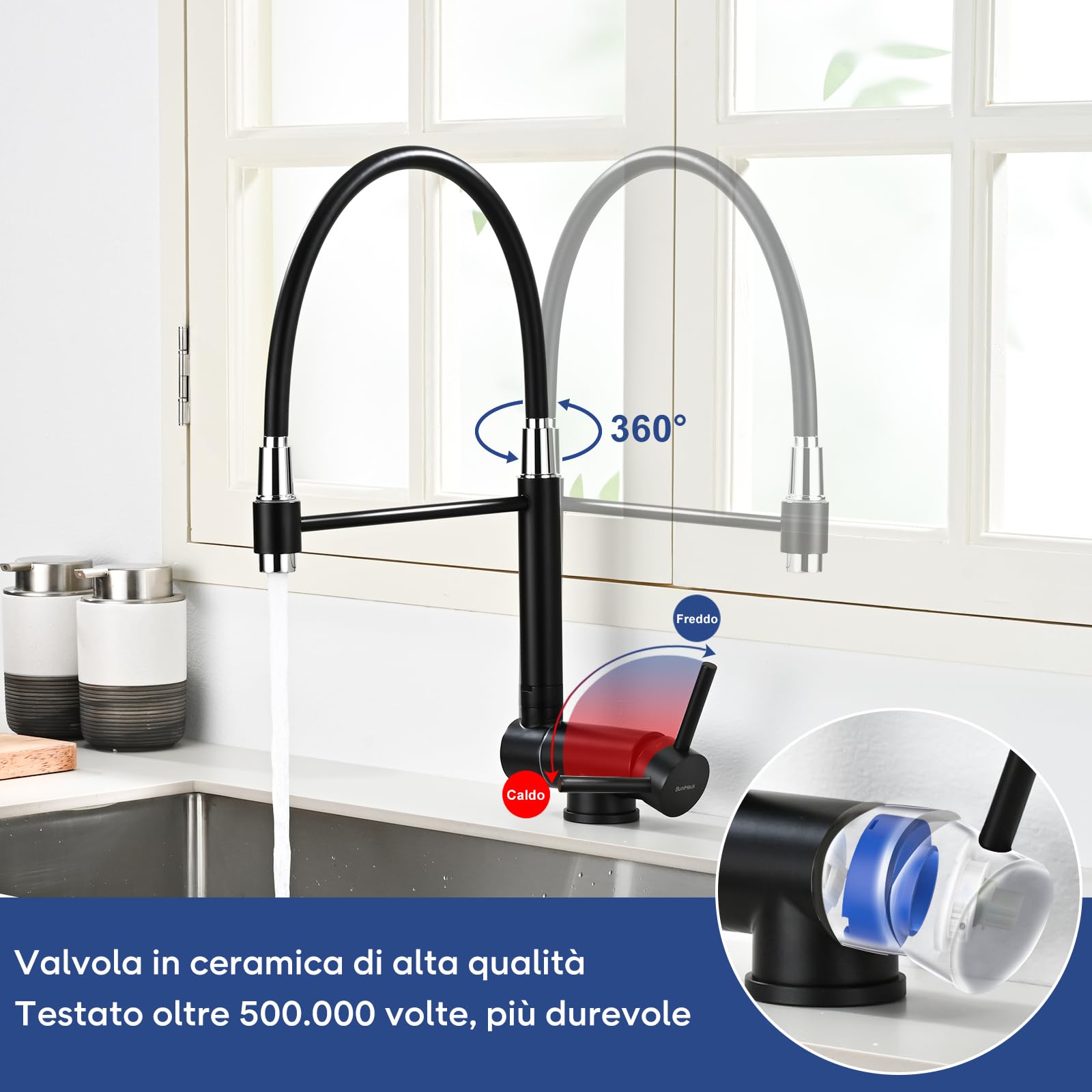 Rubinetto da Cucina Pieghevole, Miscelatore da Cucina Sottofinestra Pieghevole, Miscelatore per Lavello da Cucina Girevole a 360° in Acciaio Inox 304 (Nero Opaco)