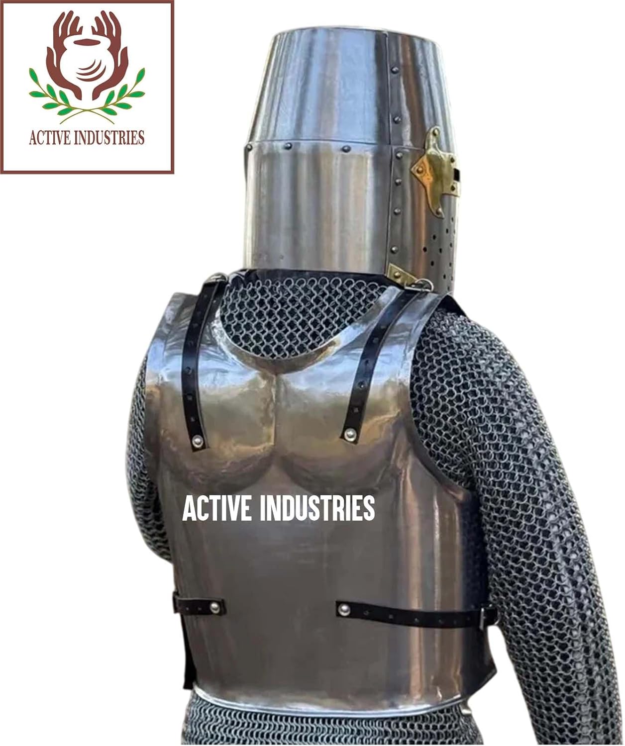 Medieval Crusader Armor Set – Helmet with Brass Cross and Breastplate Cuirass for Halloween Cosplay and Roleplay