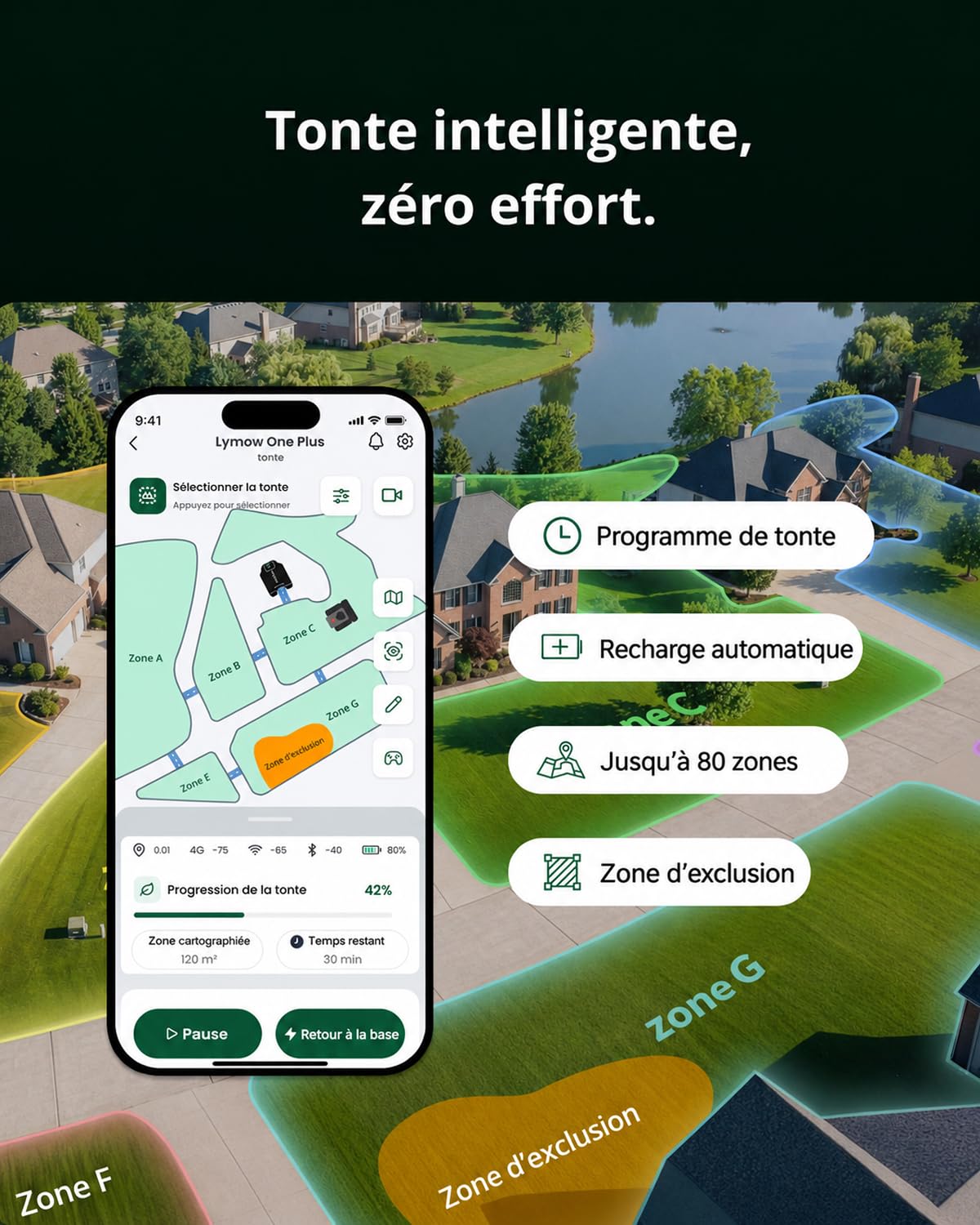 Lymow One Plus Robot Tondeuse Évitement d'obstacles IA, Pentes 45°, Double Lame Rotative SK5, Hauteur de Coupe 30-100 mm, RTK+VSLAM, pour 7000 ㎡, Gestion 80 Zones, App Control