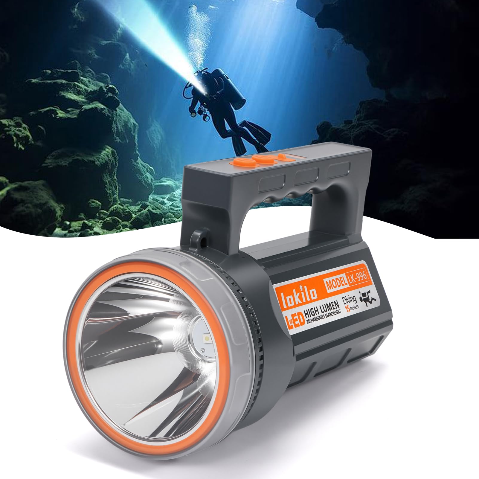 Torcia ricaricabile subacquea con display di potenza, impermeabile IP68 e sommergibile, doppio interruttore 4 modalità di ricerca LED portatile per campeggio, immersioni notturne, uso interno ed