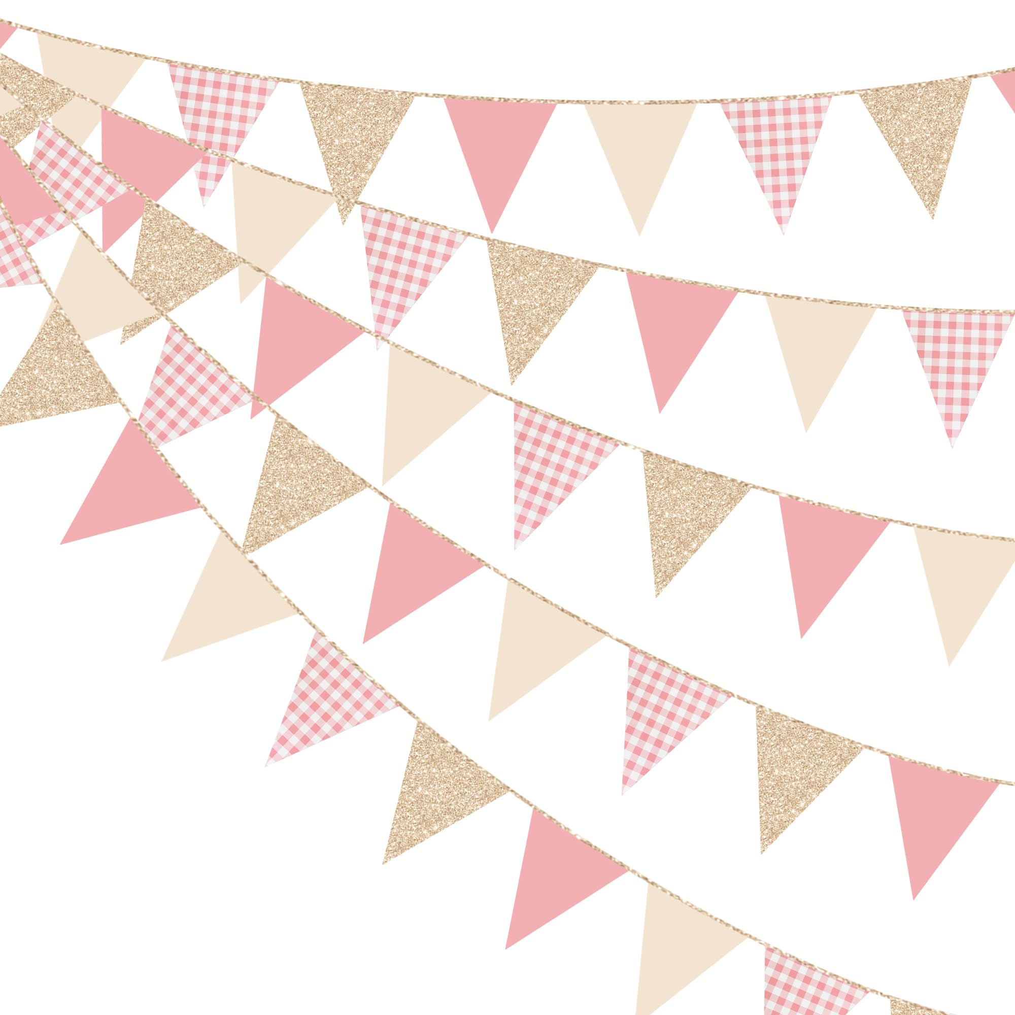 Dusty Rose Pink Buffalo Plaid Champagner Gold Party Dekorationen Wimpel Banner Flagge Hängende Glitzer Papier Dreieck Wimpelkette für Frauen Mädchen Geburtstag Babyparty Hochzeit Brautparty