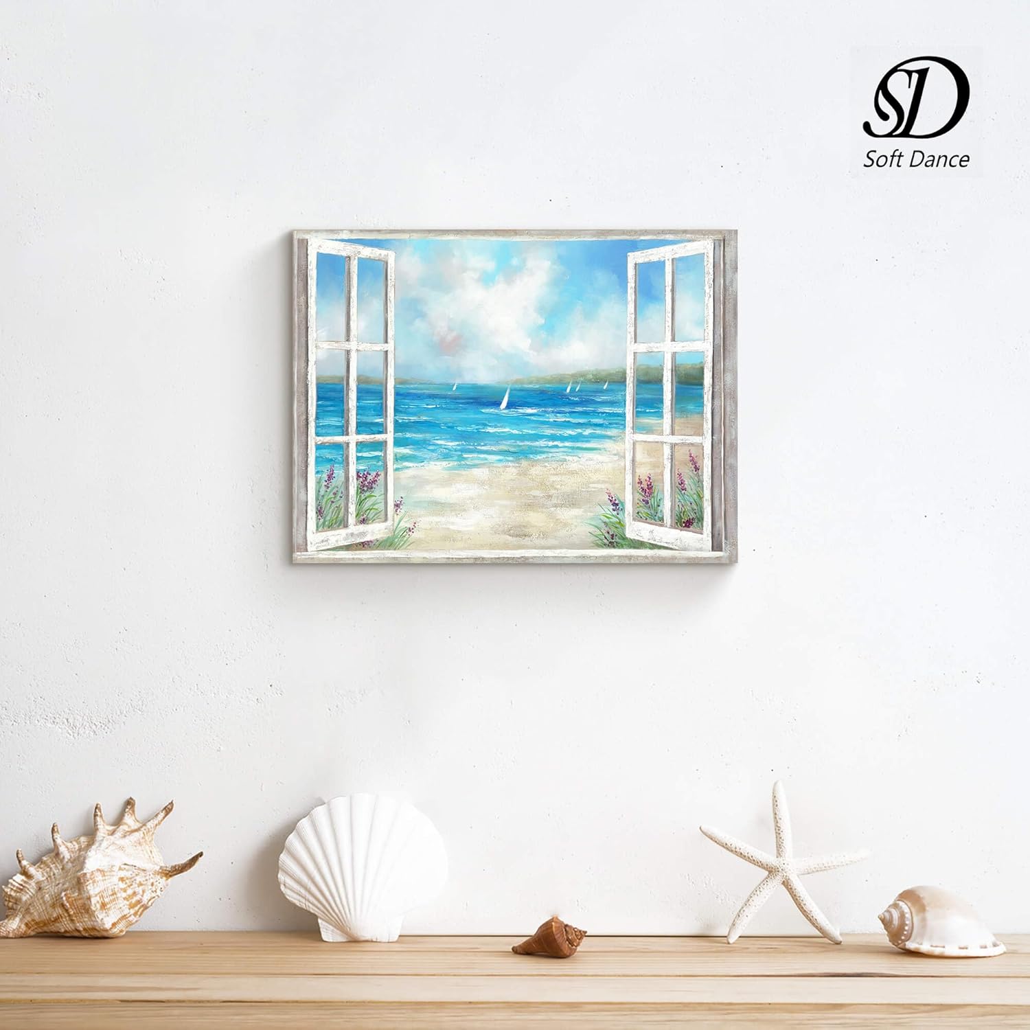 SD SOFT DANCE Beach Wall Art Canvas Picture - Window Beach Scene Painting Coastal View Seascape Artwork Ocean Sea Prints Wall Decor for Bedroom Bathroom 11 x 16 Inches
