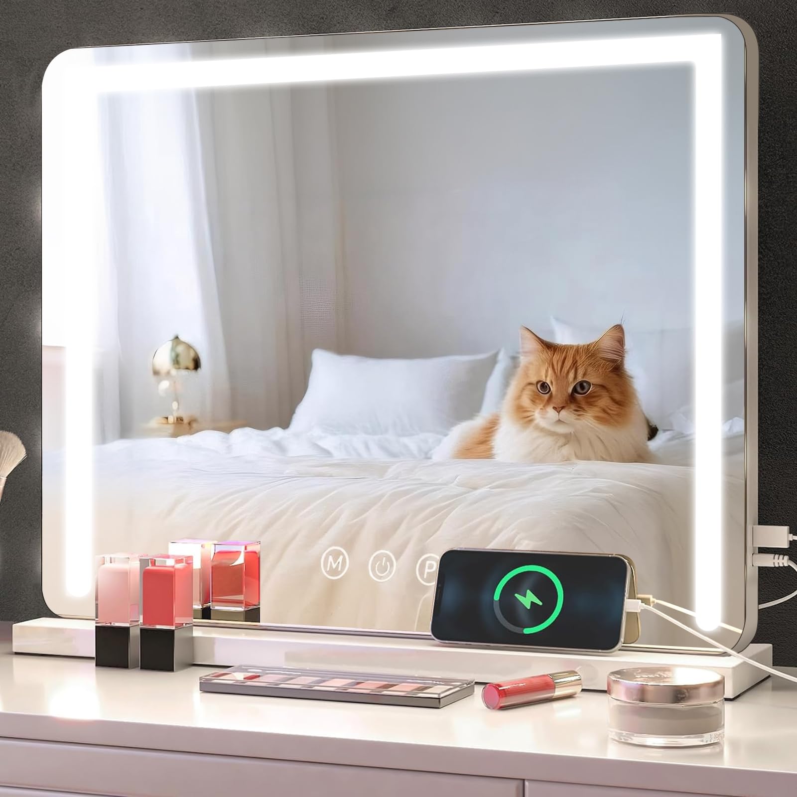Specchio Trucco con Luci, 58x43cm Hollywood Specchio Trucco con Luce LED, Specchio da Tavolo con Controllo Tattile e 3 Modalità di Illuminazione - Vanity Mirror Make Up