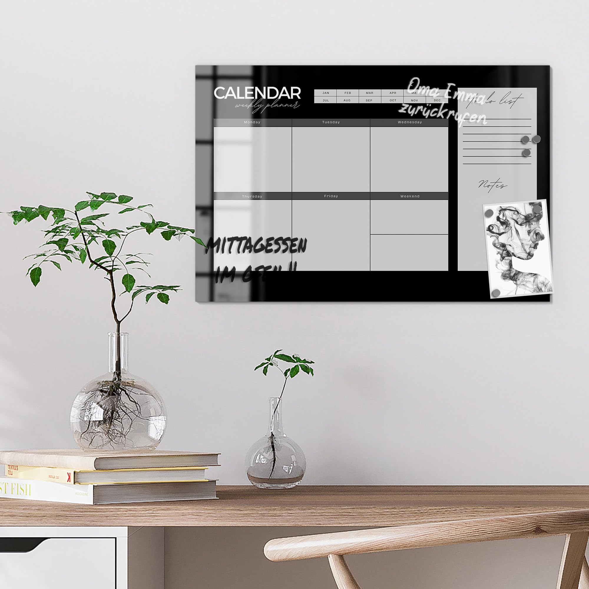 DEQORI Pizarra magnética de cristal, 60 x 40 cm, diseño "planificador semanal negro (EN)", pizarra magnética de cristal, incluye imanes, bolígrafo y paño para cocina y oficina, pizarra magnética y se