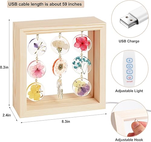 Miniatura 4 de SMUK Lámpara de mesa LED de flores secas, hecha a mano, estética, de 3 vías, regulable, decorativa, con marco de madera, para dormitorio, sala de