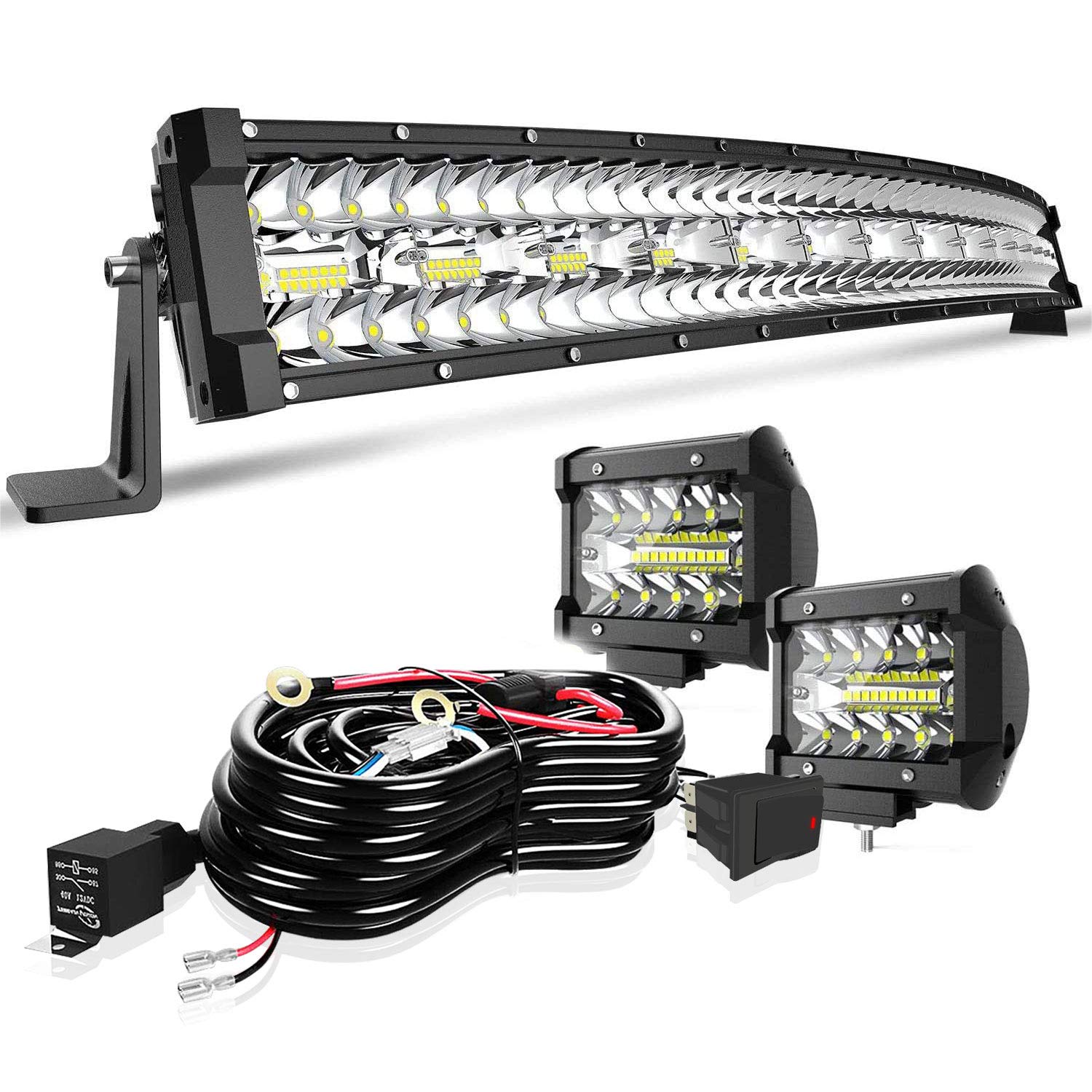 TURBO SII DOT 32/30 Inch Curved Tri Row Led Light Bar Offroad Spot Flood Combo Beam w/4" Pods Cube Driving Fog lights On Bumper Grill Windshield Roof For Truck Polaris Ranger RZR Truck Boat ATV UTV