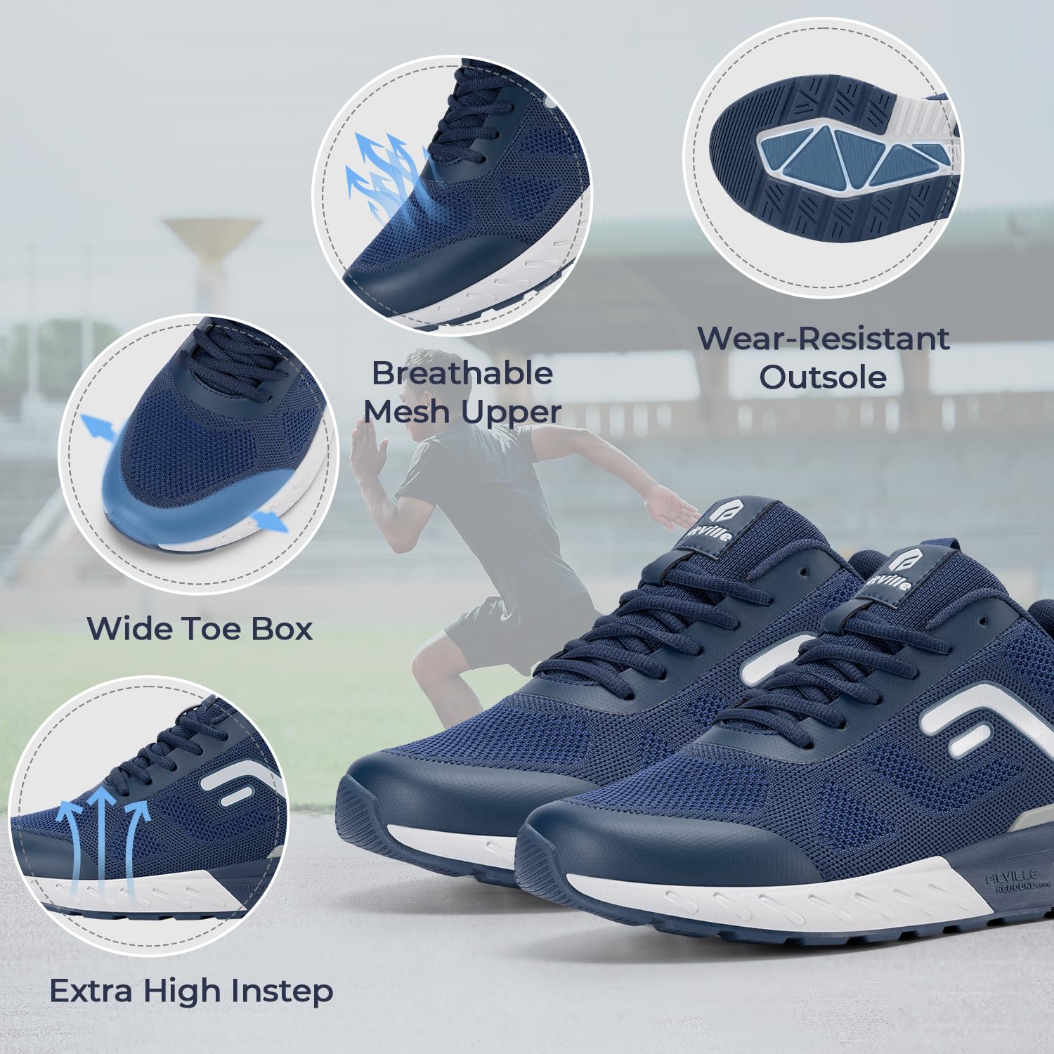 FitVille Mens Extra Wide Fit Trainers Comfortable Walking Shoes Breathable Running Sneakers for Plantar Fasciitis Flat Feet - Rebound Core V5, Majolica Blue, 7 UK Wide image_1