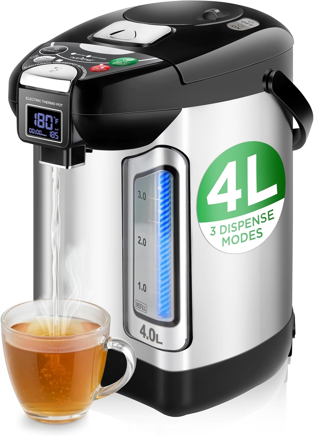 NutriChef Digital Water Boiler and Warmer - 4L/4.23 Qt Stainless Electric Hot Water Dispenser w/ LCD Display, Rotating Base, Keep Warm, Auto Shut Off, Safety Lock, Instant Heating for Coffee & Tea 4 Liter