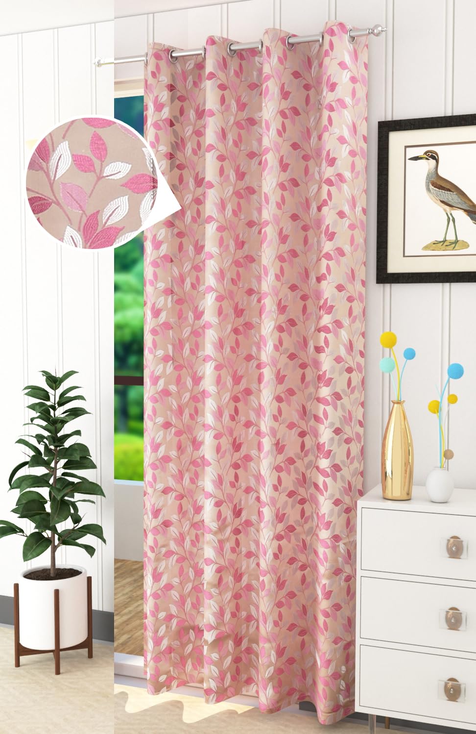 Purav Light Leaf Design Jacquard Room Darkening Door Curtains 9 feet for Bedroom Living Room Pink Jute Curtain Set of 1 Piece