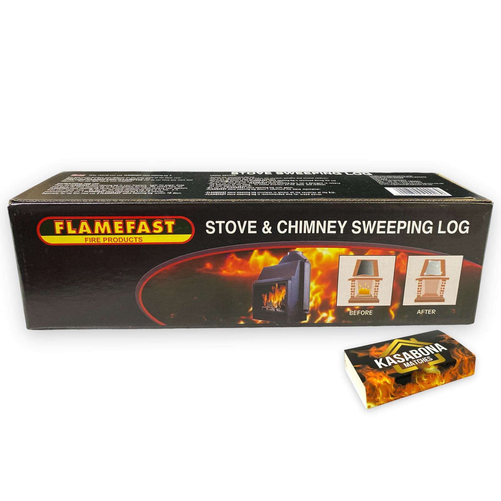 Kasabona Brown Flamefast Stove & Chimney Sweeping Log Fire Place Cleaner Remove Creosote Soot Tar Deposits – Includes Safety Matches (1 Log)