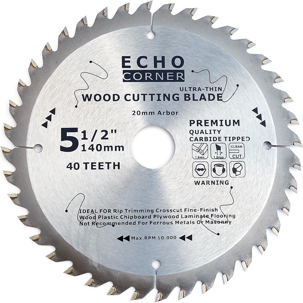 Echo Corner 5-1/2 inch Wood Cutting Circular Saw Blade, Thin kerf 40Tooth, 20mm Arbor, Fast Framing Rip Trimming Crosscut Fine-Finish Laminate Veneered Plywood MDF