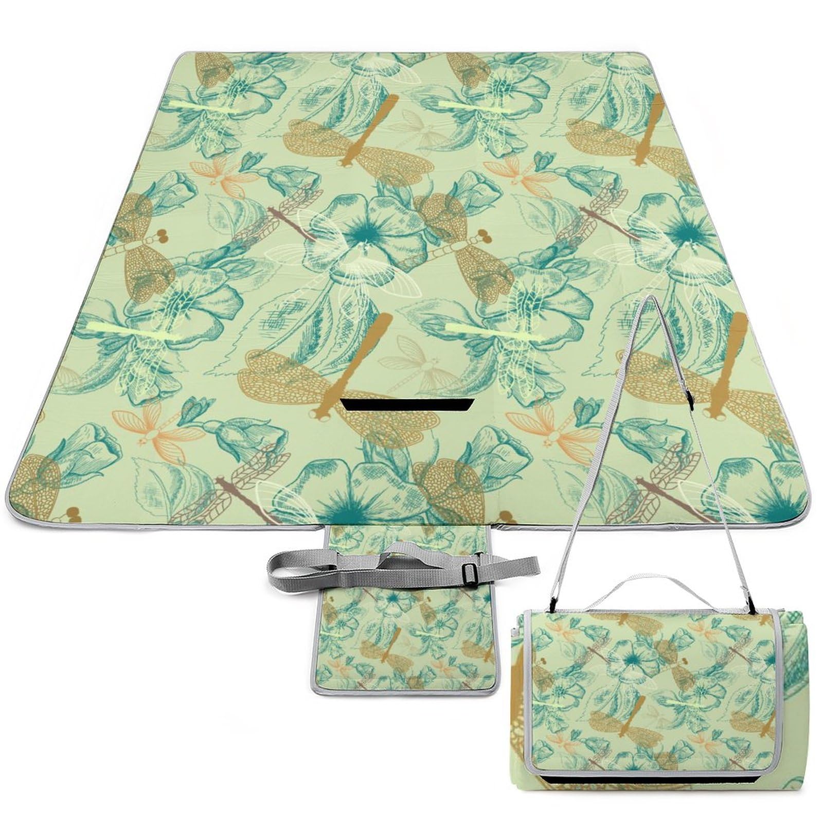 Vintage Bird Blue Dragonfly Pattern Picnic Blanket Waterproof Foldable, Large Outdoor Picnic Blanket Beach Blankets Camping Blanket Travel Mat, Shoulder Strap Tote, Rectangle 58x58in
