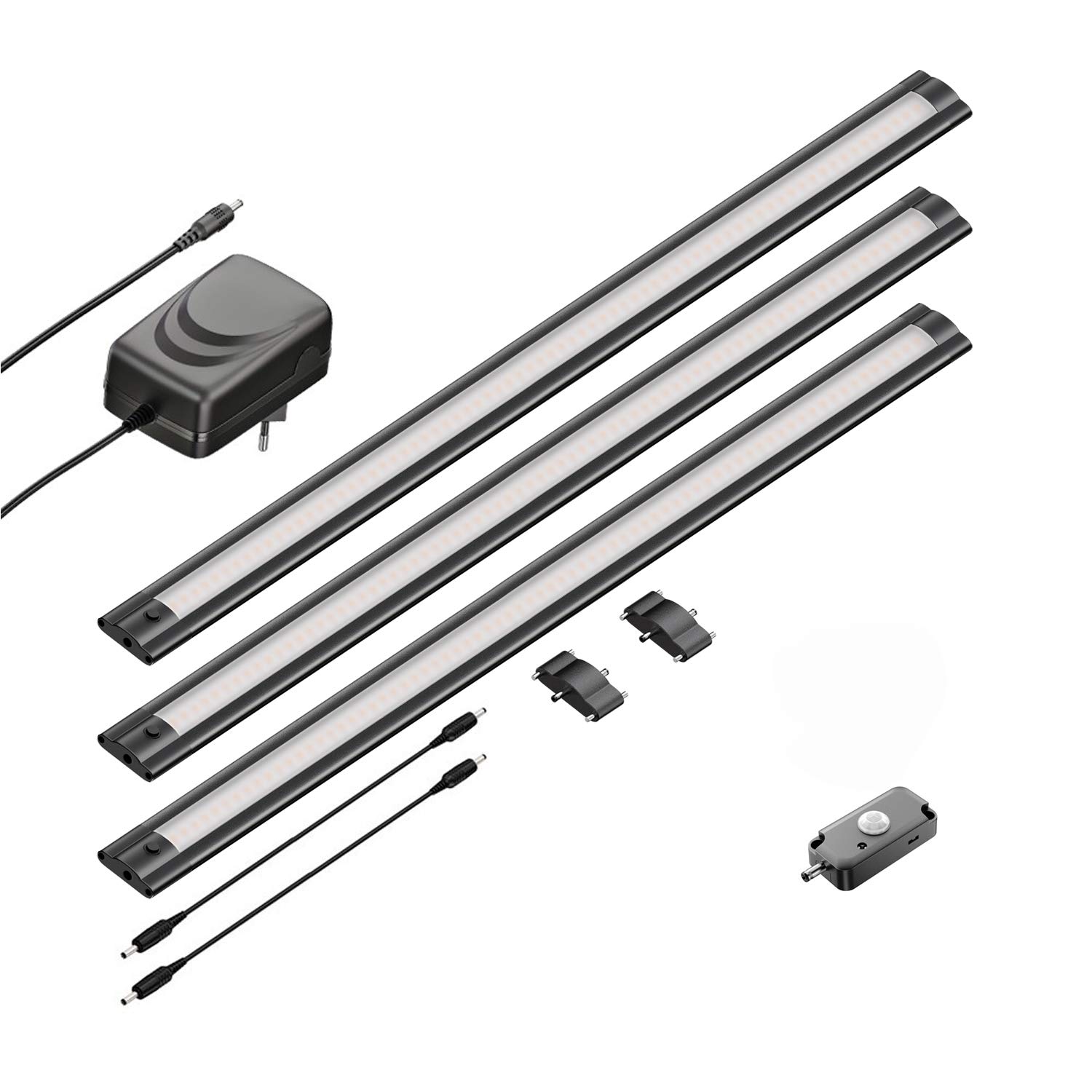 ledscom.de 3er Set LED Unterbau-Leuchte SIRIS schwarz matt mit Bewegungsmelder, flach, je 50cm, je 531lm, warmweiß