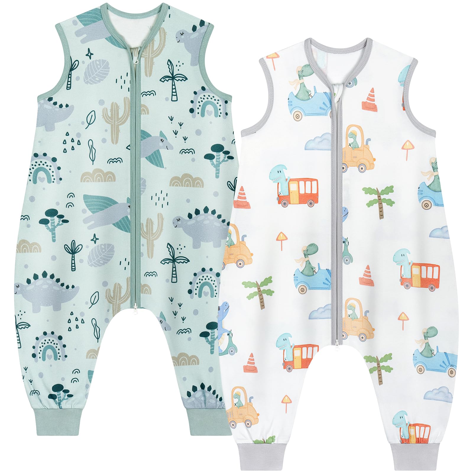 Yukkidds Baby Schlafsack Sommer mit Füßen 0.5 TOG 2er Pack,Sommerschlafsack kinder mit Beinen 100% Baumwolle für Jungen und Mädchen 6-18 Monate,Grüner Dinosaurier