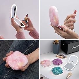 Mocado Compact LED Travel Makeup Mirror - 4 Inches 1X/10X Magnification Travel Mirror with Light Dimmable Double Sides Lighted USB Rechargeable Compact Mirror for Purse,Pocket,Travel(Pink Marble)