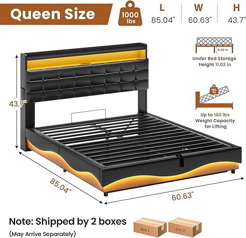 Miniatura 2 de ADORNEVE Base de cama Queen con almacenamiento elevable, estación de carga tipo C y cabecera de almacenamiento oculta, cama de plataforma tapizada