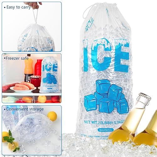 Vista 31 de Paquete de 100 bolsas de hielo de plástico con cordón de 20 libras, bolsas de hielo resistentes de 14 x 28 pulgadas con cuerda de plástico