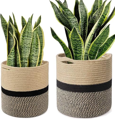Miniatura 9 de YDQUANI Cesta de cuerda de algodón tejida para macetas de interior, cesta de almacenamiento plegable de yute de 8 x 8 pulgadas, decoración moderna,
