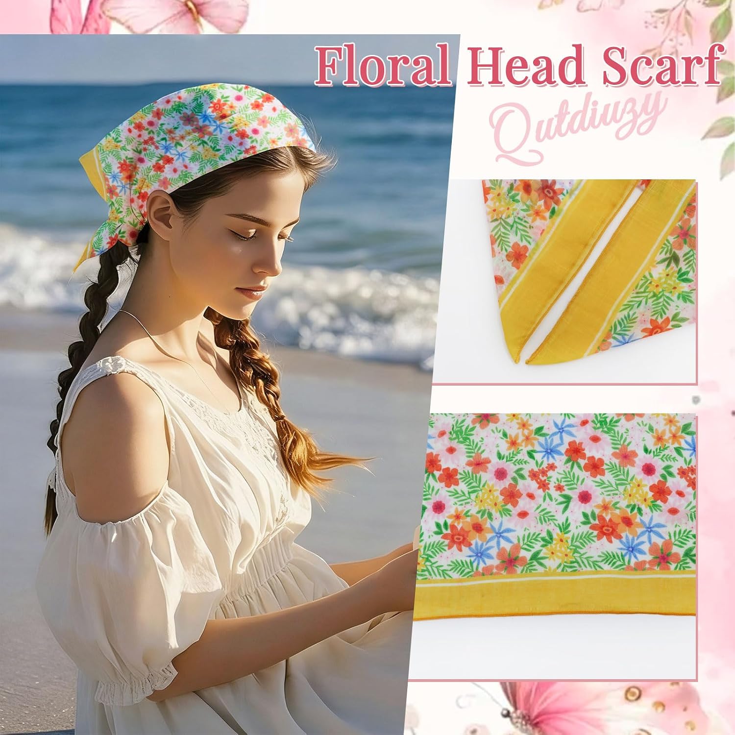 Floral Bandanas for Women, 21" Womens Head Scarf Flower Printed Hair Bandana for Beach Camping Leisure