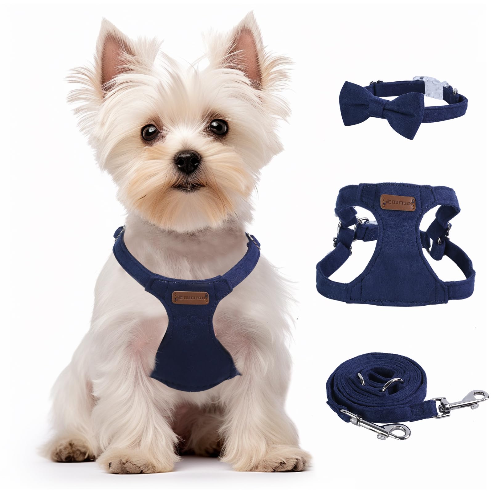 Dog Harness and Leash Set, XS No Pull Adjustable Puppy Harness with Multifunction Denim Blue Dog Leash and Collar, Soft No Choke Escape Proof Pet
