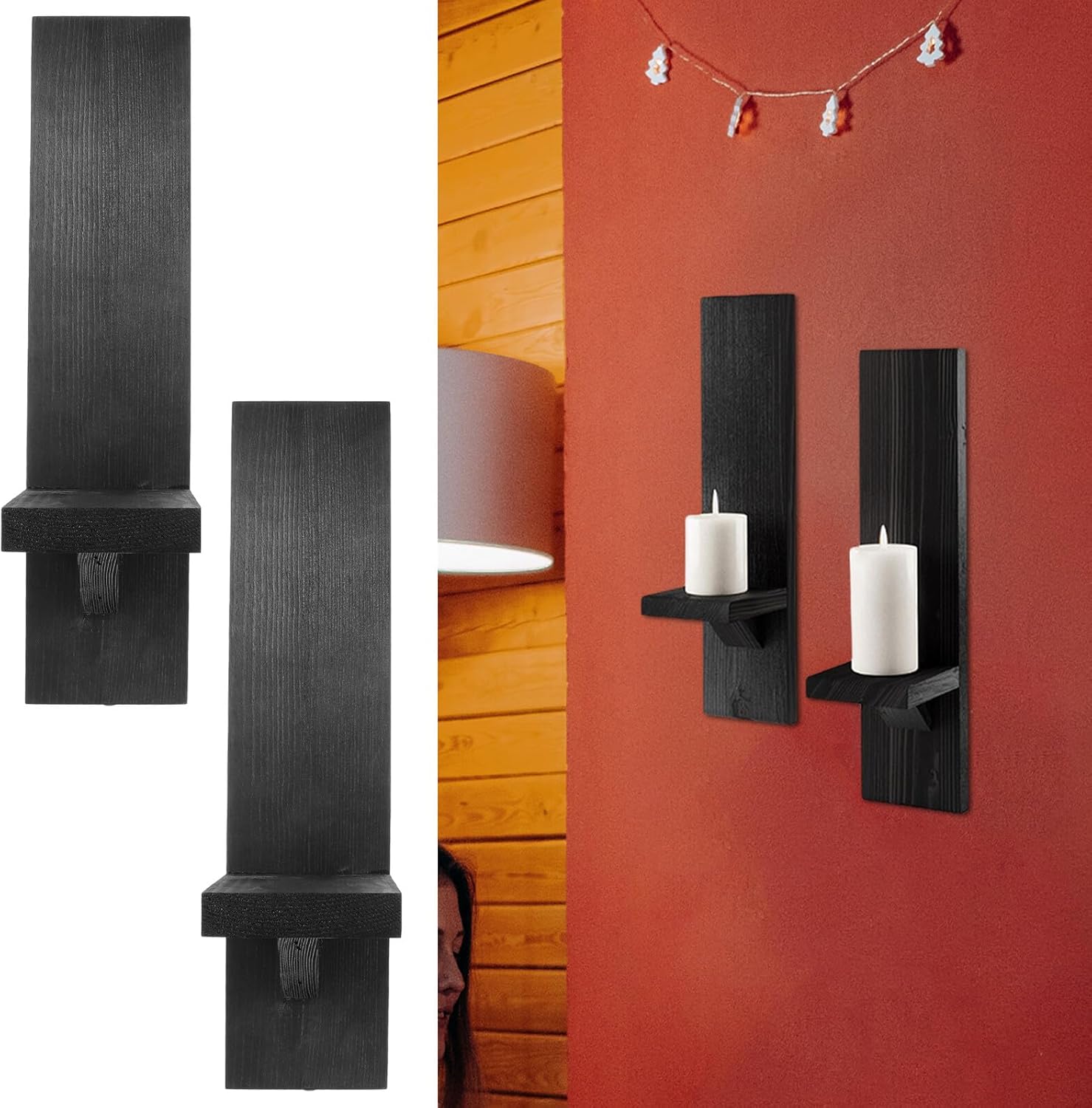 SAFIGLE Wooden Wall Candle Holder Black Sconces for Home Decor Multipurpose Rustic Candle Sconces for Living Holiday Wedding Halloween Christmas Decorations