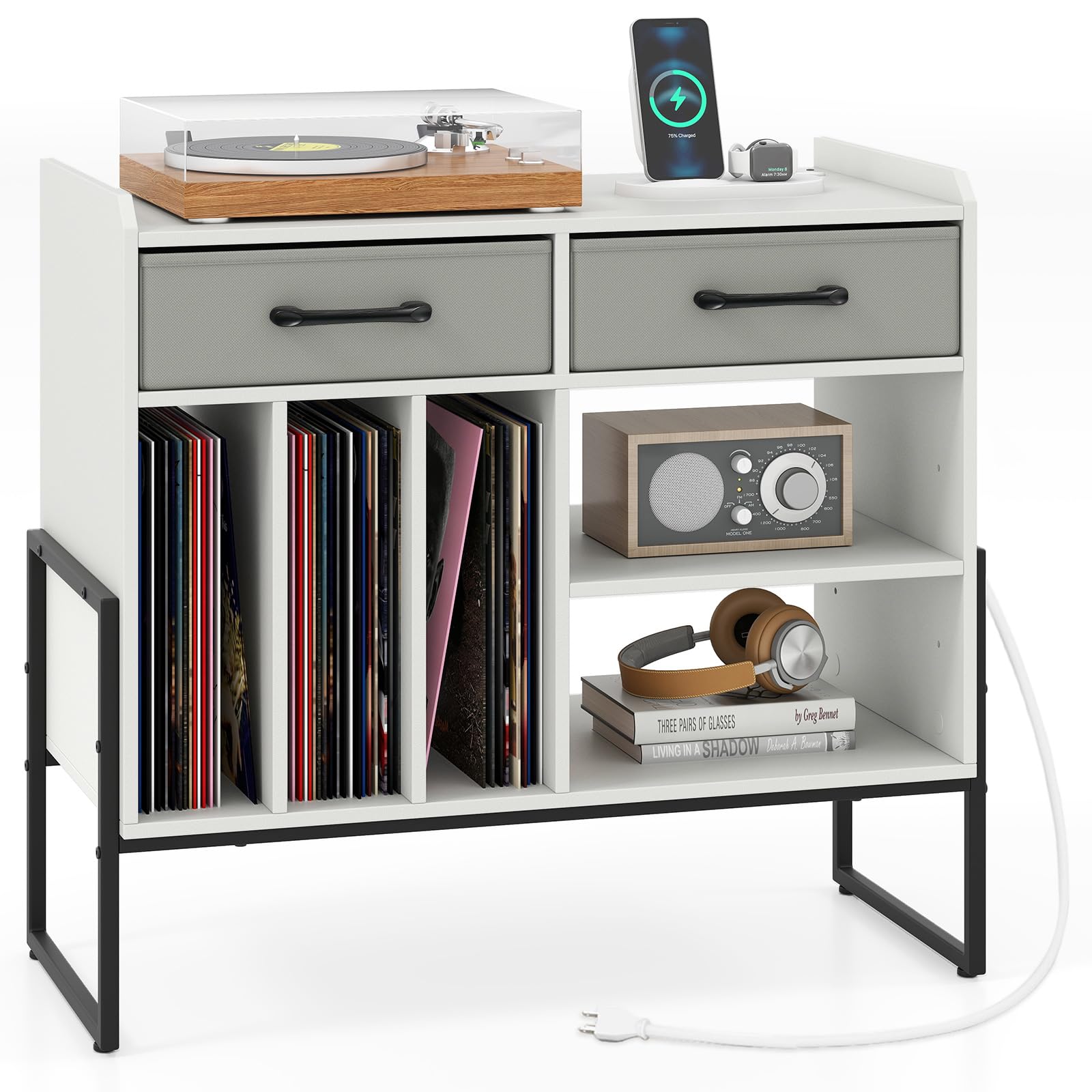 GIANTEX Large Record Player Stand with Charging Station &amp; 2 Drawers, White