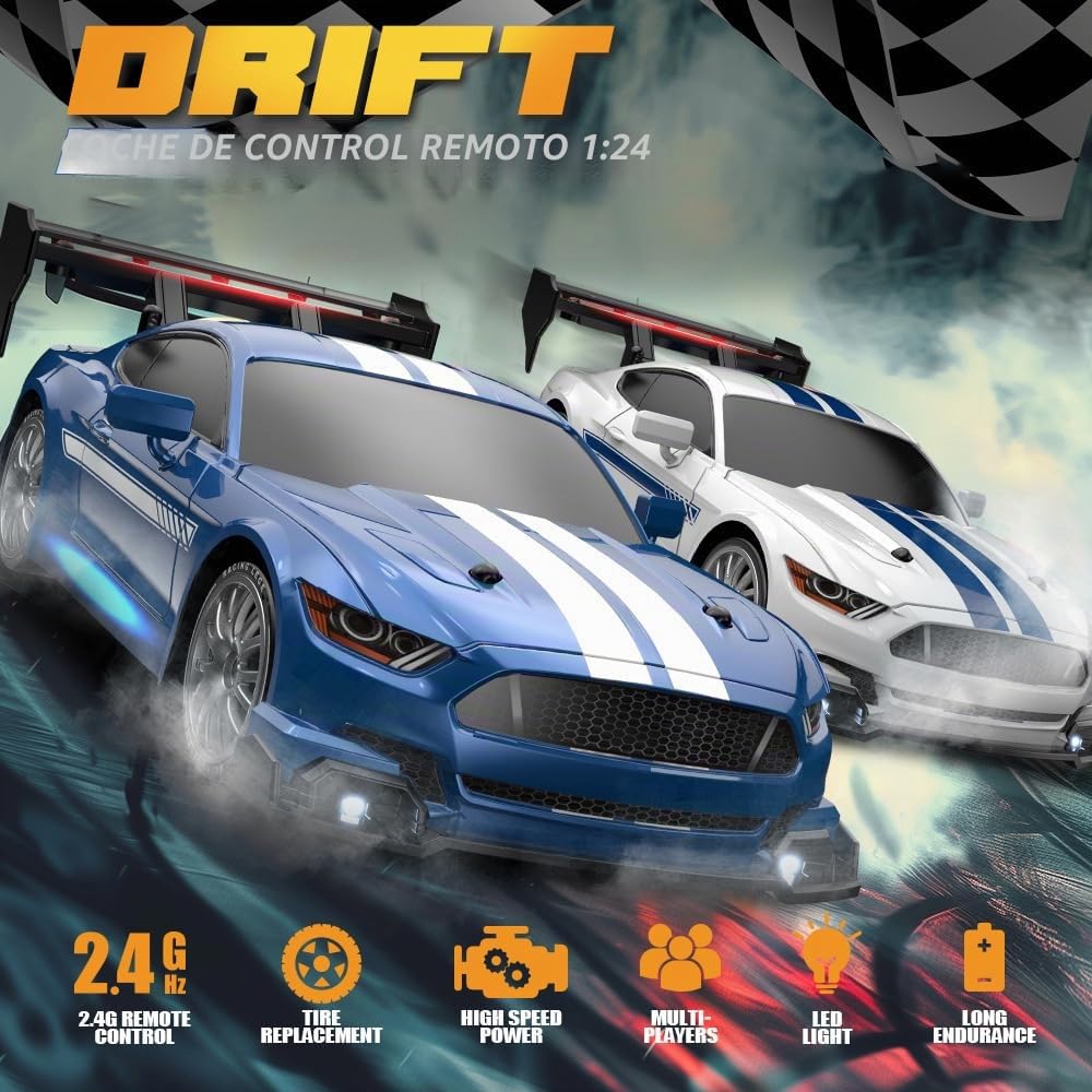 Coche teledirigido 1:24, 2,4 GHz RC Drift Car 30 km/h, coche de carreras teledirigido 4WD RC coche con diseño multiluz, coche de deriva adecuado para todos los terrenos