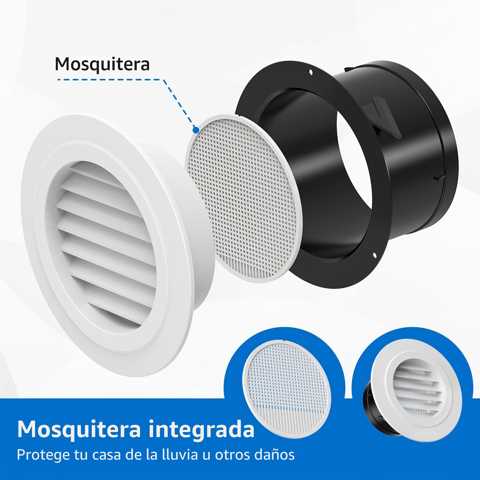 Hon&Guan ø150mm Rejilla de Ventilación Redonda, ABS Blanco Rejilla de Ventilación de Plástico, Rejilla de Extracción de Aire, Equipada con Mosquitera para Aire Acondicionado, Garaje, Techo, Oficina