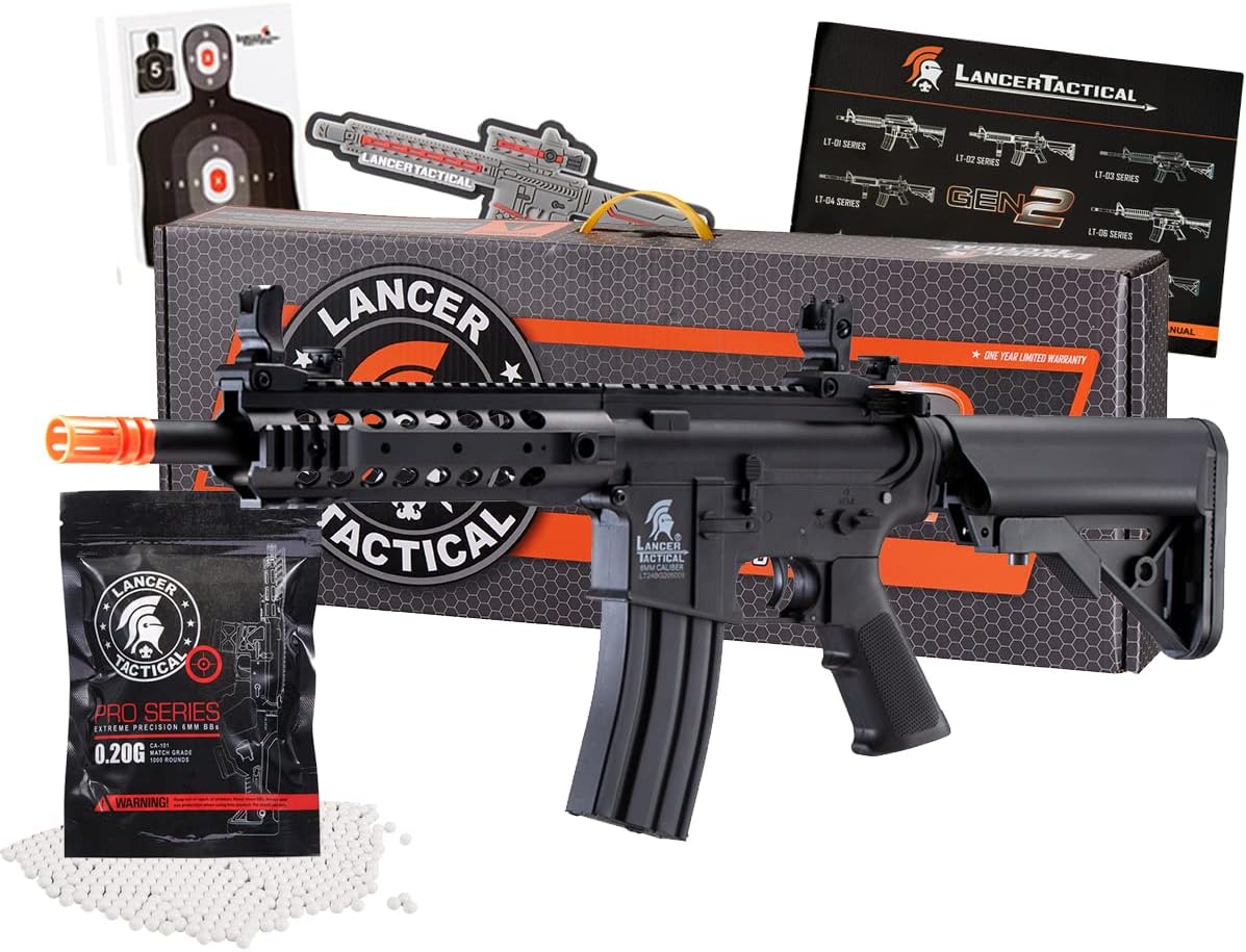 Lancer Tactical Gen 2 Polymer CQB M4 Airsoft High FPS (Color:Black) - 9.6v 1600 mAh Battery & Charger, 1000 Rounds 0.20g BBS Included