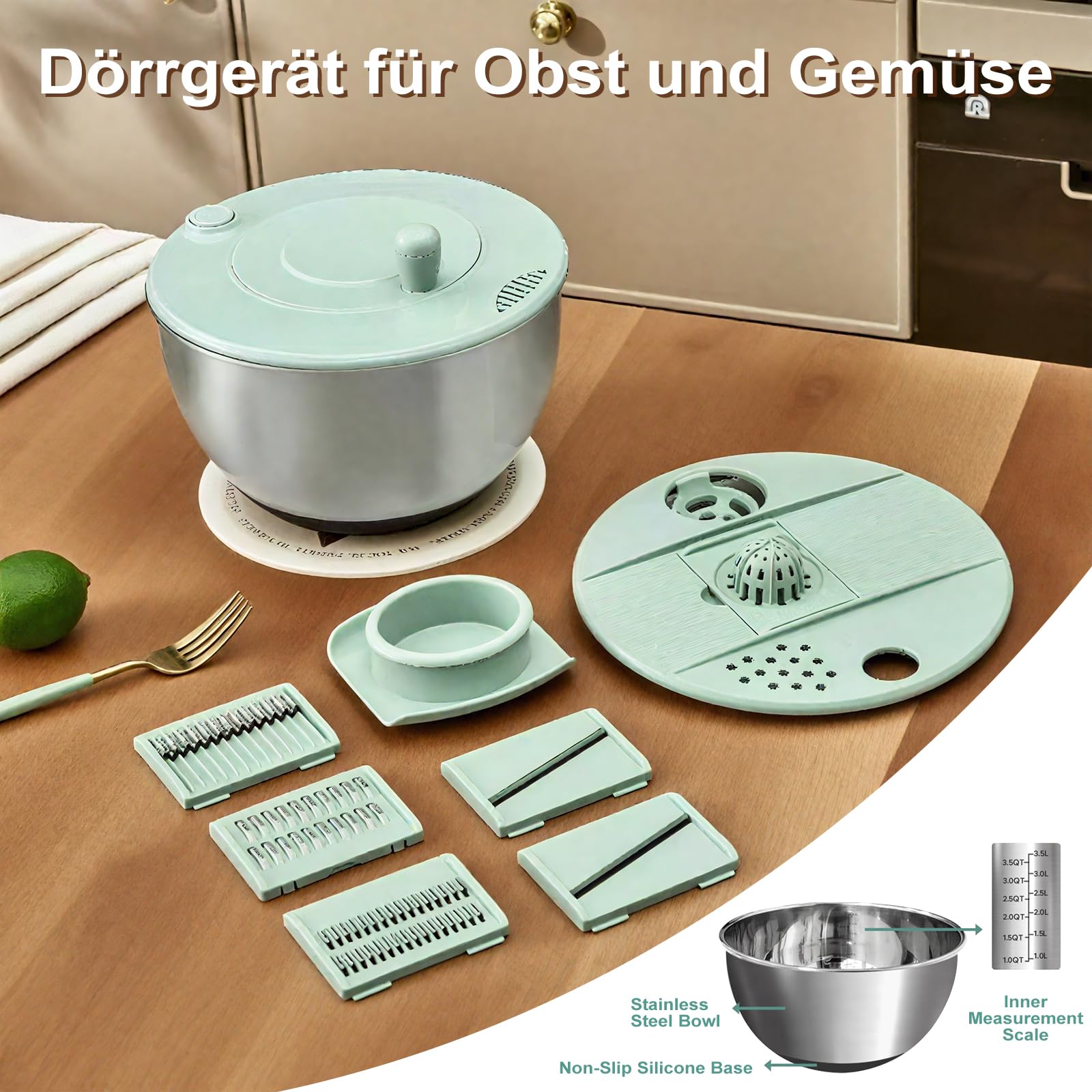 5L Salatschleuder Edelstahl, Gemüseschneider, Rührschüssel 3-in-1, mit 6 verschiedenen Ausstechern & rutschfestem Boden, Handkurbel-Design, Zum Obst und Gemüsehobel und trocknen, Küchenhelfer