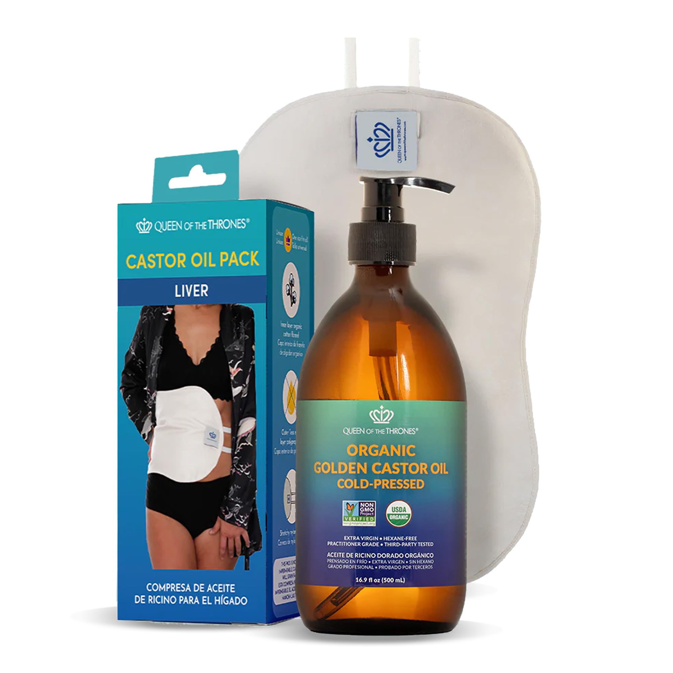 QUEEN OF THE THRONES Castor Oil Pack for Liver Kit - Heatless, Less-Mess, Reusable - Organic Cotton Flannel, Comfort Fit, Soft Straps & Naturopathic Doctor Designed (16.9 oz Castor Oil Included)