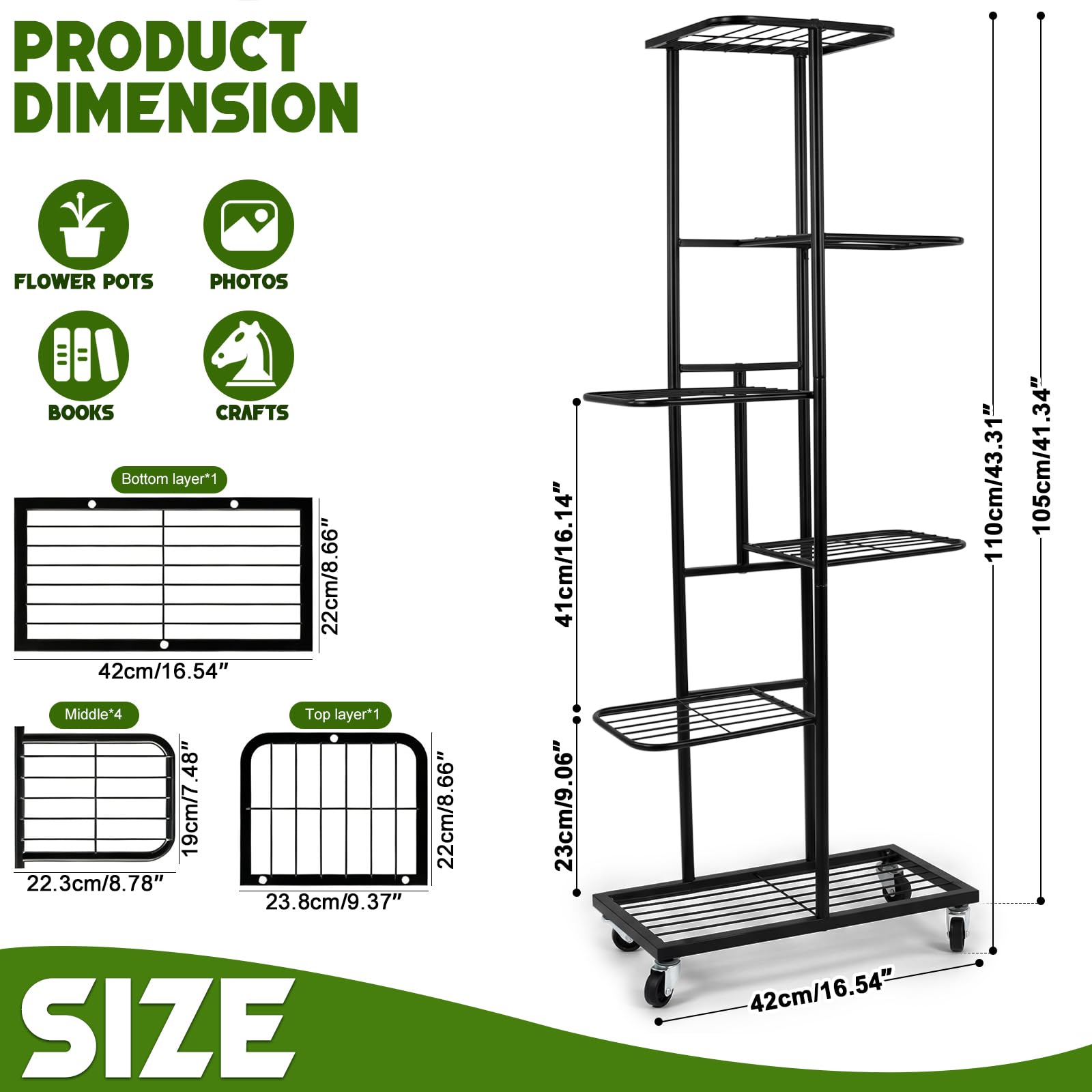 Support pour Plantes 6 Étagères, Étagère en Métal avec Roues, 108 cm de Hauteur, pour Intérieur et Extérieur, Noir