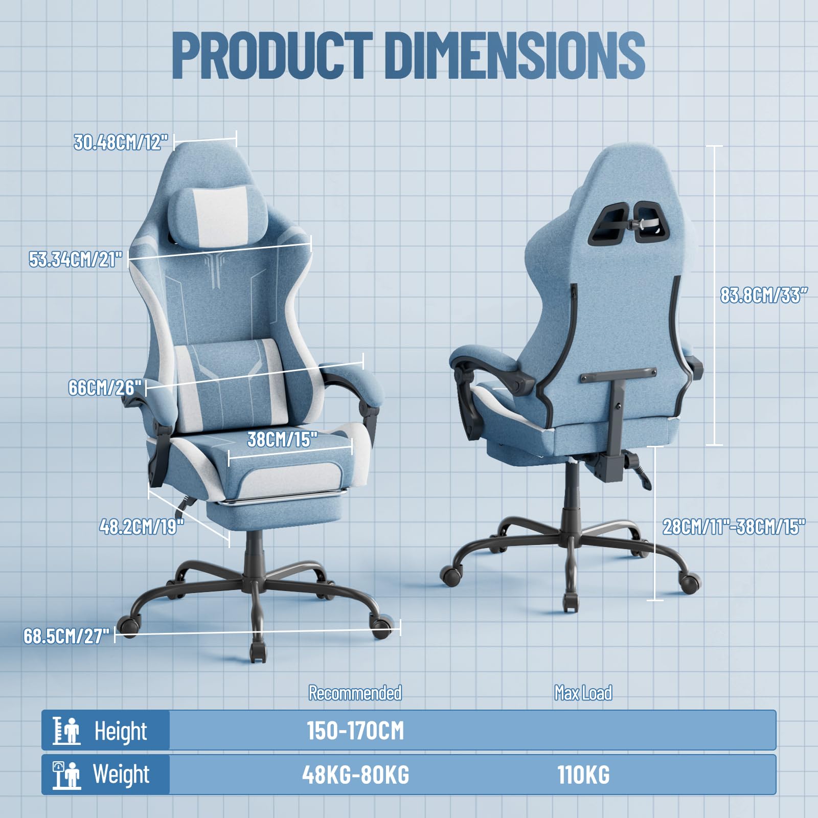 Silla de gaming ergonómica con función de masaje, reposapiés, almohada extraíble, reposabrazos integrados, soporta 110 kg, silla de PC para oficina y hogar, color azul