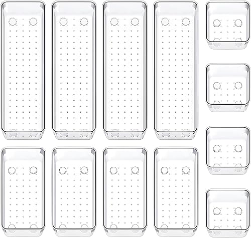 FYY Juego de organizadores de cajones de plástico transparente, 12 bandejas organizadoras de cajones de escritorio para el hogar, dormitorio,