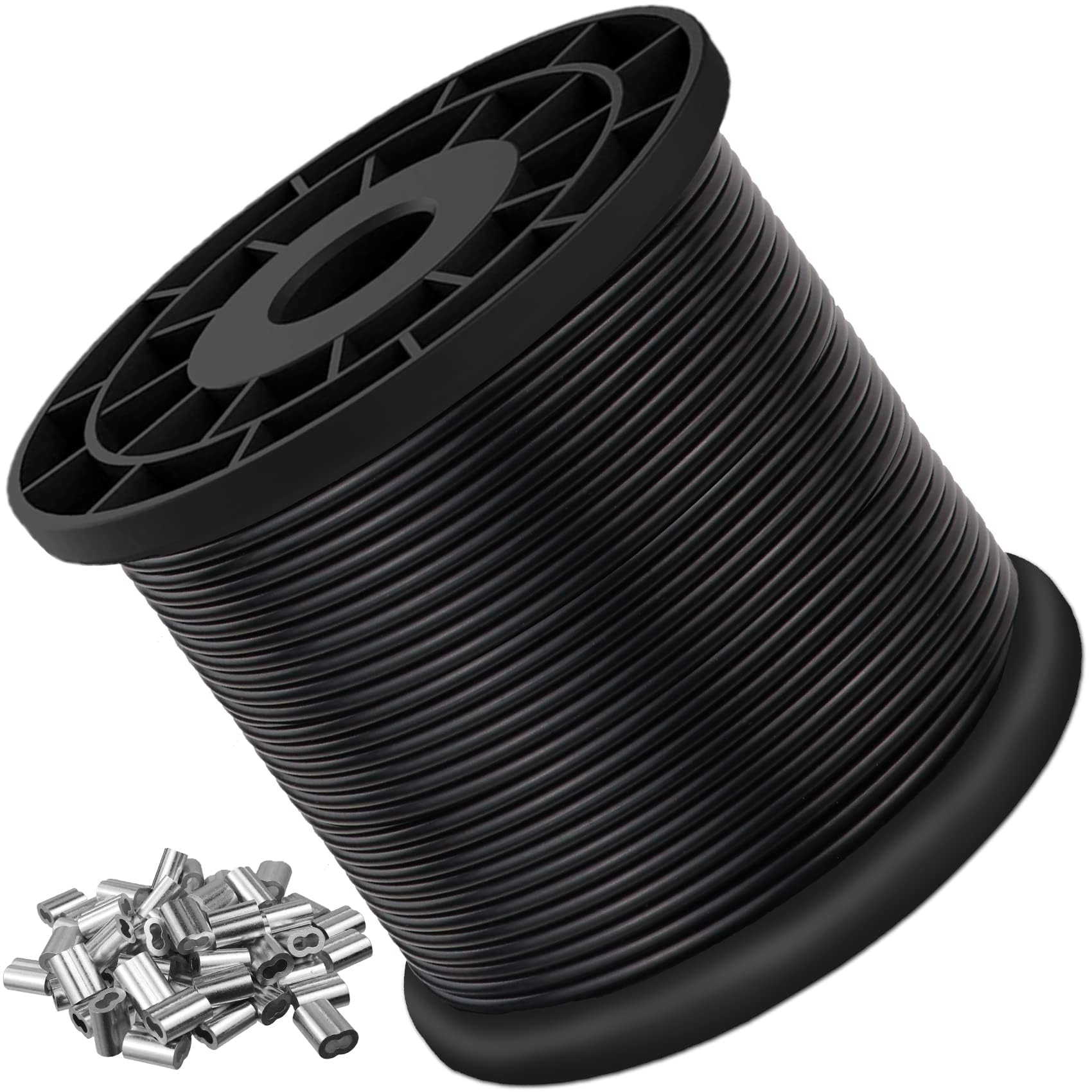 4mm Drahtseil Ummantelt,100m Edelstahl Stahlseil, mit PVC Beschichtung, 100 Crimphülsen für Bilder Outdoor Zaun Gardinen, Zaun, Wäscheleine,Schwarz