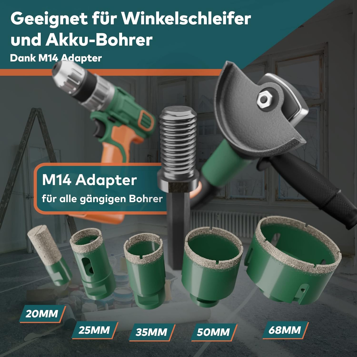 Das exklusive Diamantbohrer Set von Fairmo (5 Teile inkl. M14 Adapter) - Diamantbohrkronen Fliesenbohrer Set 68mm, 50mm, 35mm, 25mm, 20mm - Bohrkrone für harte Fliesen, Keramik, Beton, Feinsteinzeug