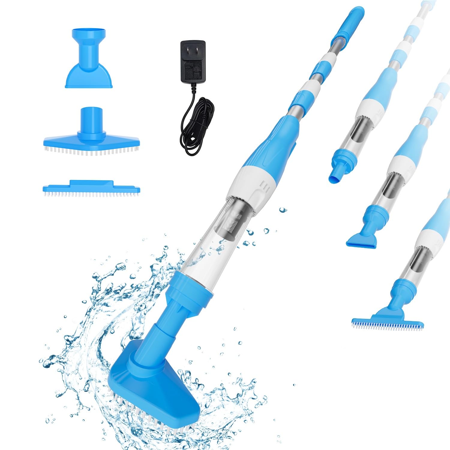 3 en 1 Limpiafondos de Piscina Electrico, Aspirador de Piscina Manual, Inalámbrico con Batería Recargable para Spas, Piscinas Pequeñas - Tiempo de Ejecución 90 Minutos, Azul