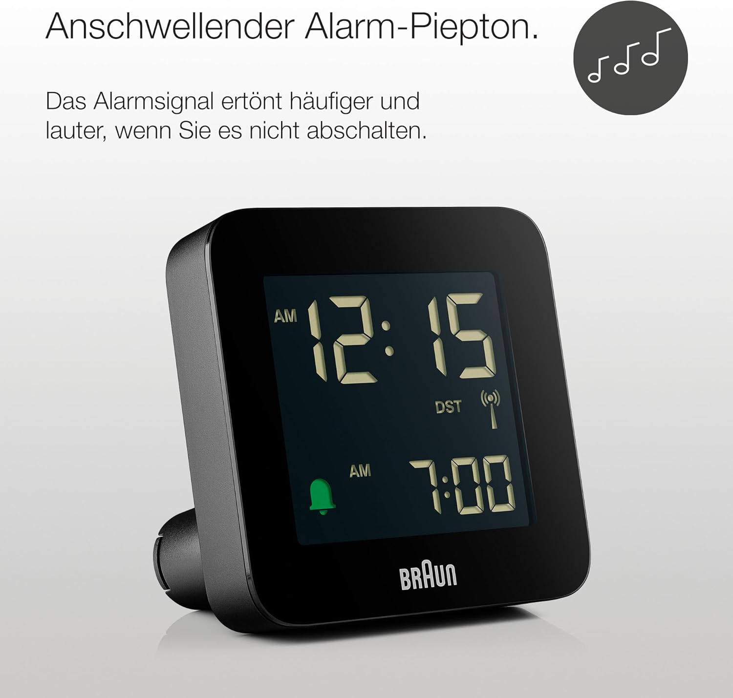 Braun BC09B-DCF alarm clock displaying alarm time with crescendo feature