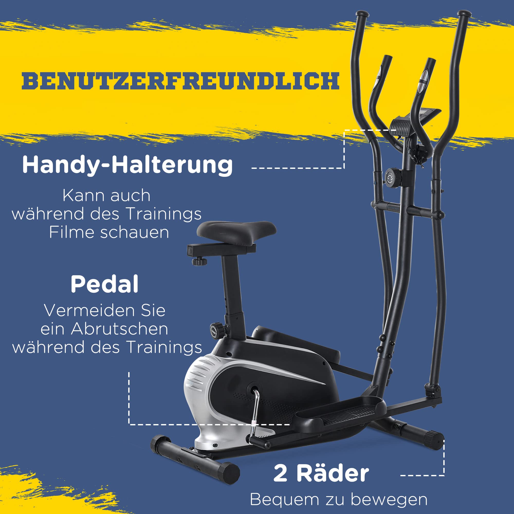Rower eliptyczny HOMCOM 2 w 1 eliptyczny rower treningowy z monitorem LCD trenażer z regulowaną wysokością siodełka 8 poziomów 2 koła stal PVC ABS kolor czarny 103 x 62 x 151 cm