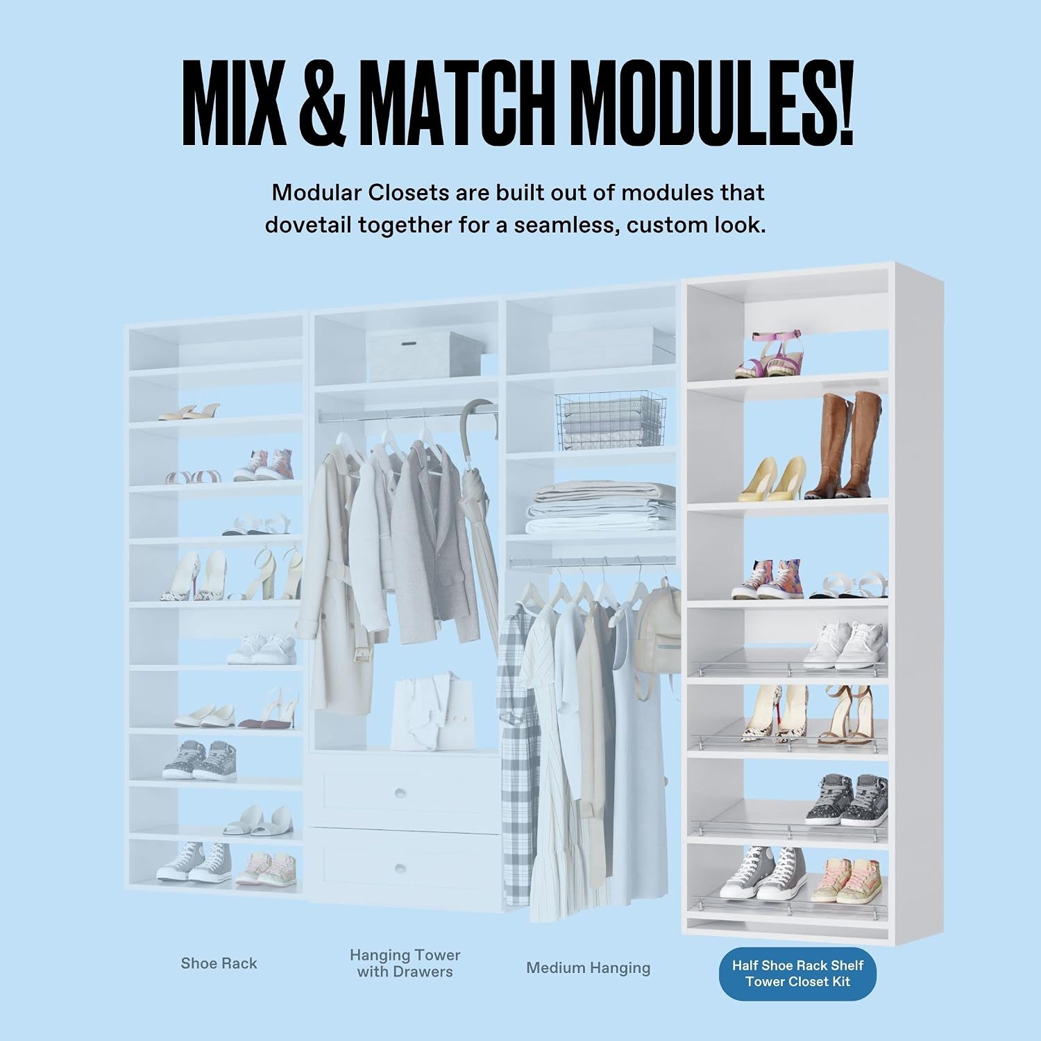 Modular Closets Half Shoe Rack Shelf Tower Closet Kit (31.5" Wide, White)