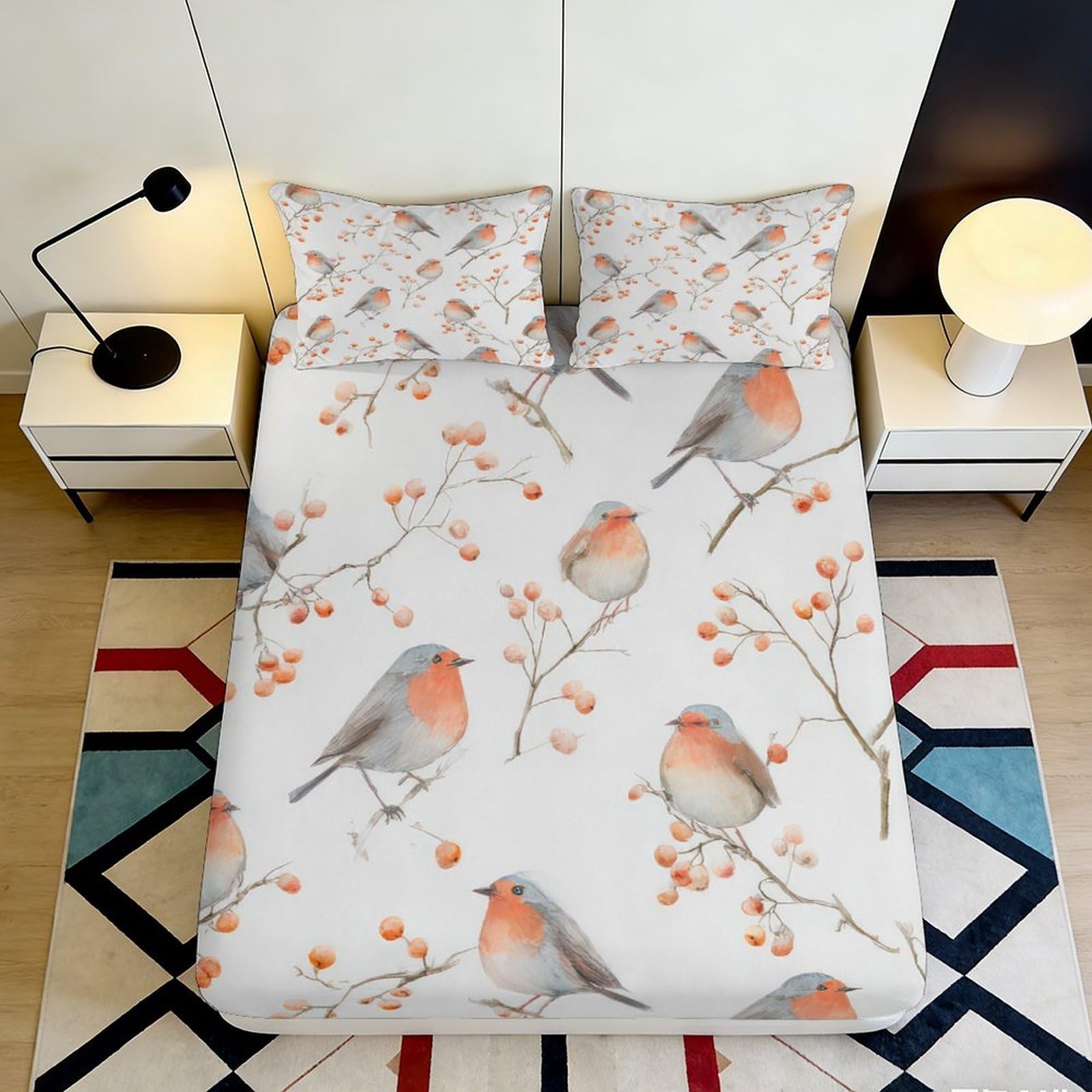 3D Printed Robin Bird Fitted Sheet Microfiber Soft Breathable Berry Branch Bed Cover for Bedroom Dormitory Guest Room Mattress Protection Decor 180x200x25cm