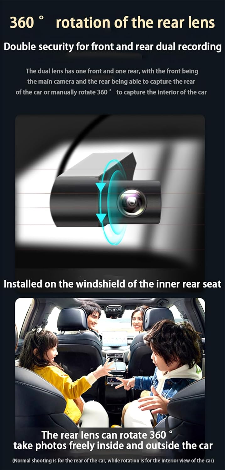 Diagram showing the 360-degree rotation capability of the rear camera lens, indicating its flexibility to record both outside and inside the vehicle.