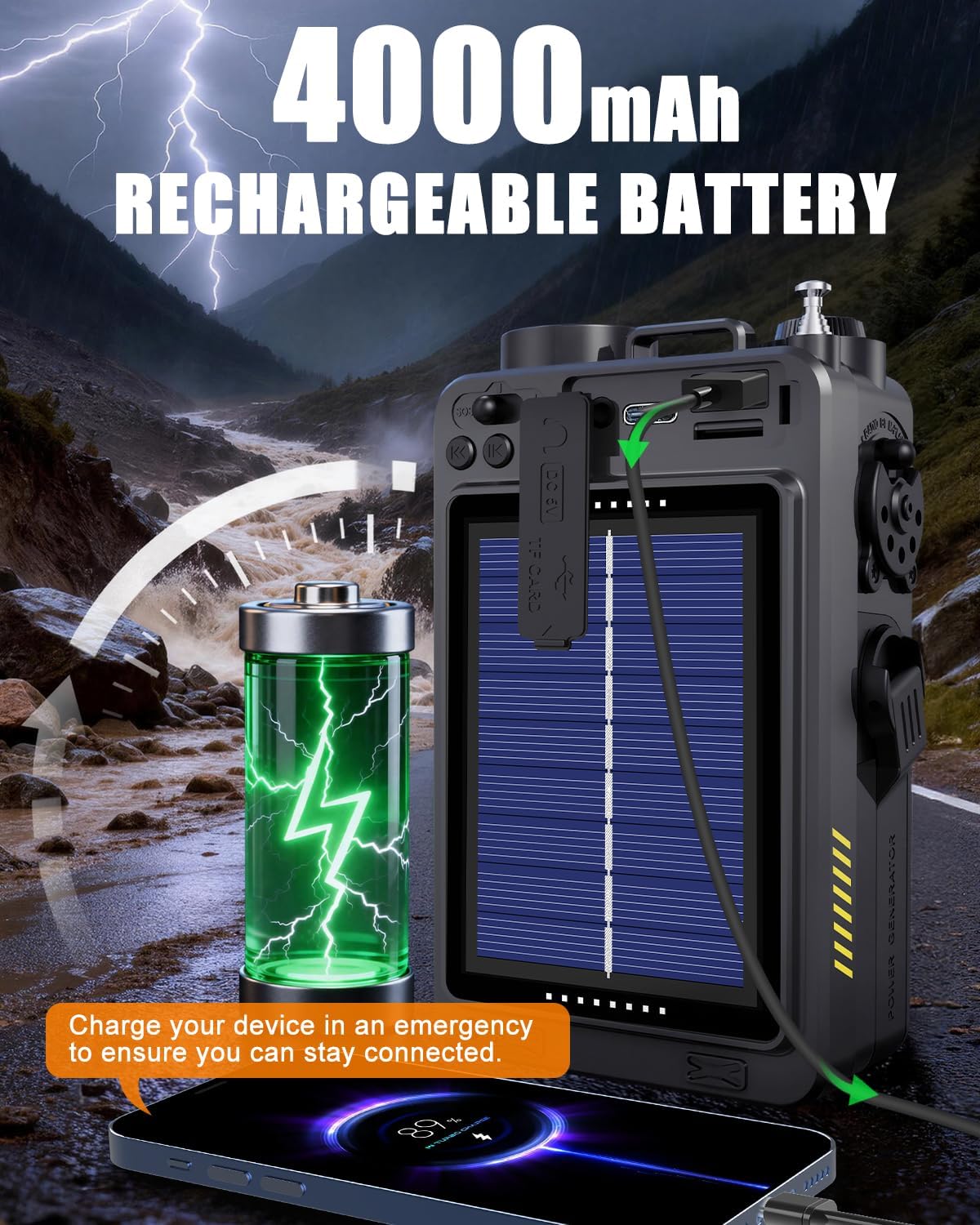 R11 Portable Shortwave Radio - 4000mAh/14800mWh NOAA/SW/AM/FM, Solar/Hand Crank/USB Charging, Bluetooth Receiver/USB/TF Playback,with Compass,Flashlight,SOS for Camping & Emergencies - Grey - Image 6