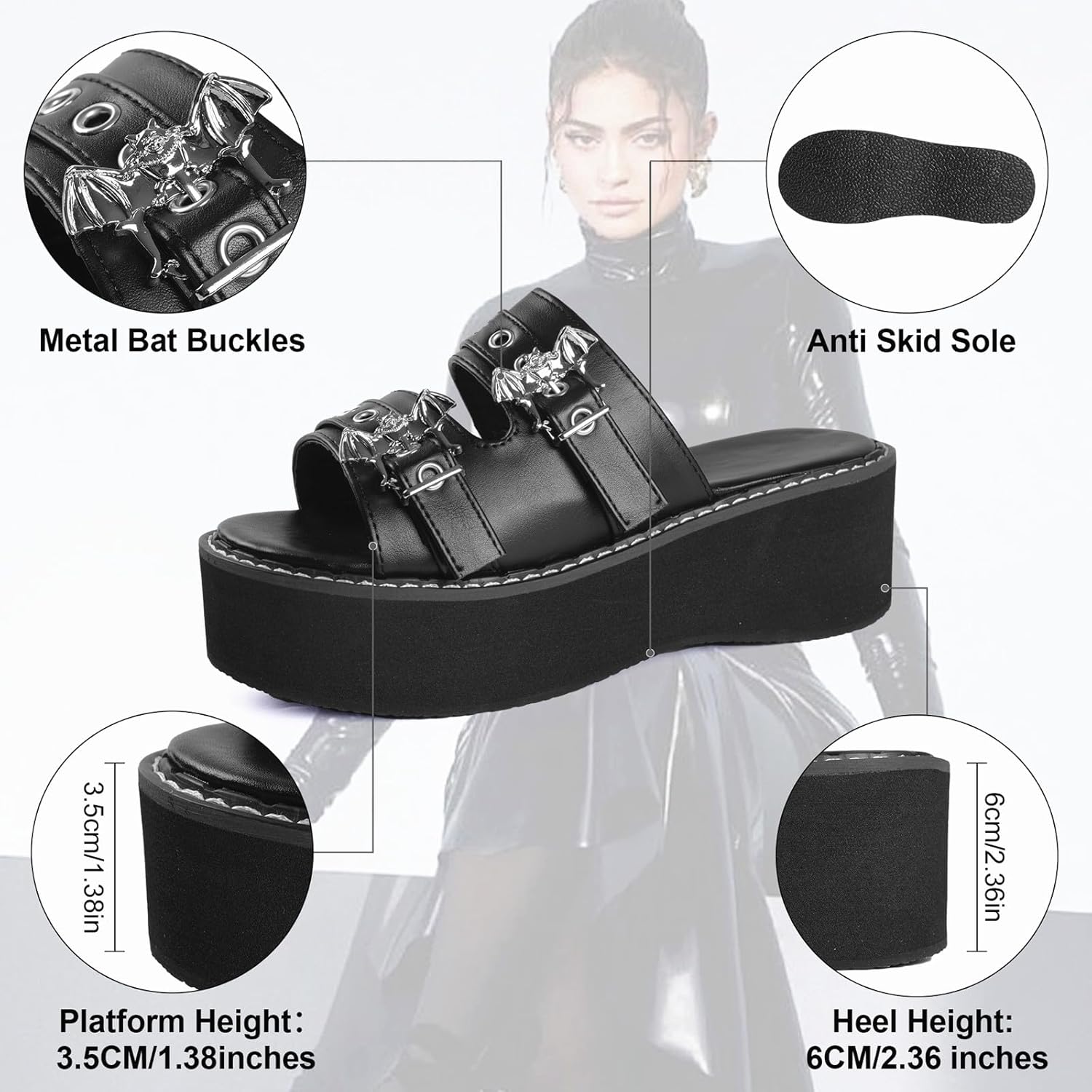 Gothniero women black platform sandals goth chunky wedge heel summer sandals girls gothic punk platform sandals for women metallic spider buckles slides size 5.5-11 - Image 4