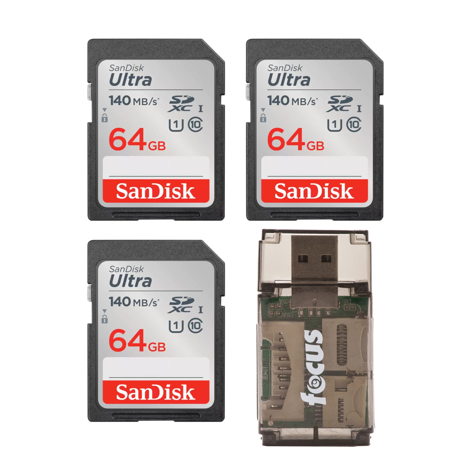 SanDisk 64GB Ultra Class 10 140 MB/s UHS-I SDXC Memory Card (3-Pack) with Focus All-in-One High Speed Card Reader (4 Items)-image-19