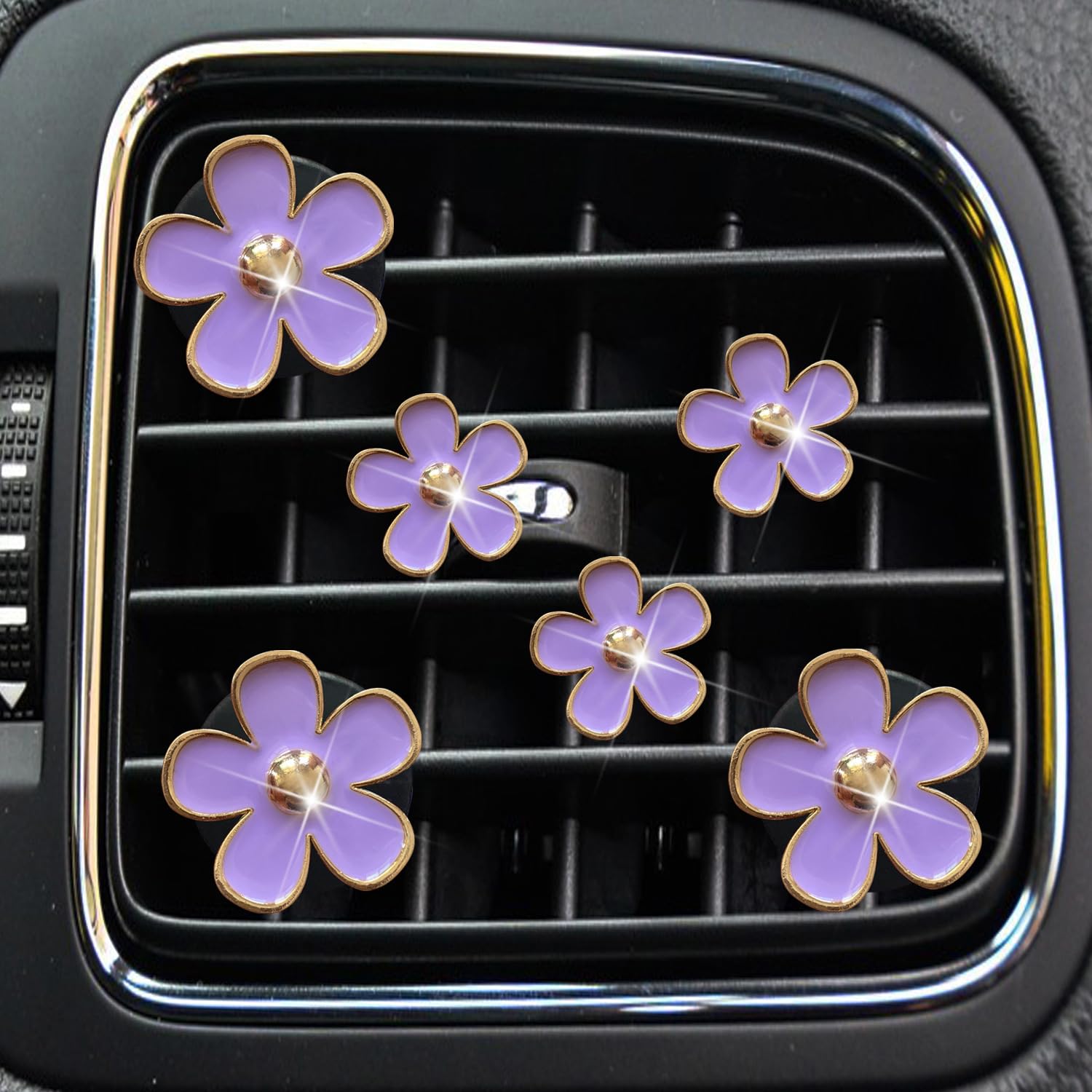 Daisy Air Vent Clips - 6 Pcs Cute Flower A/C Outlet Clip, Car Freshener Clip Charm, Colorful Car Interior Accessories for GirlsWomen (Purple)